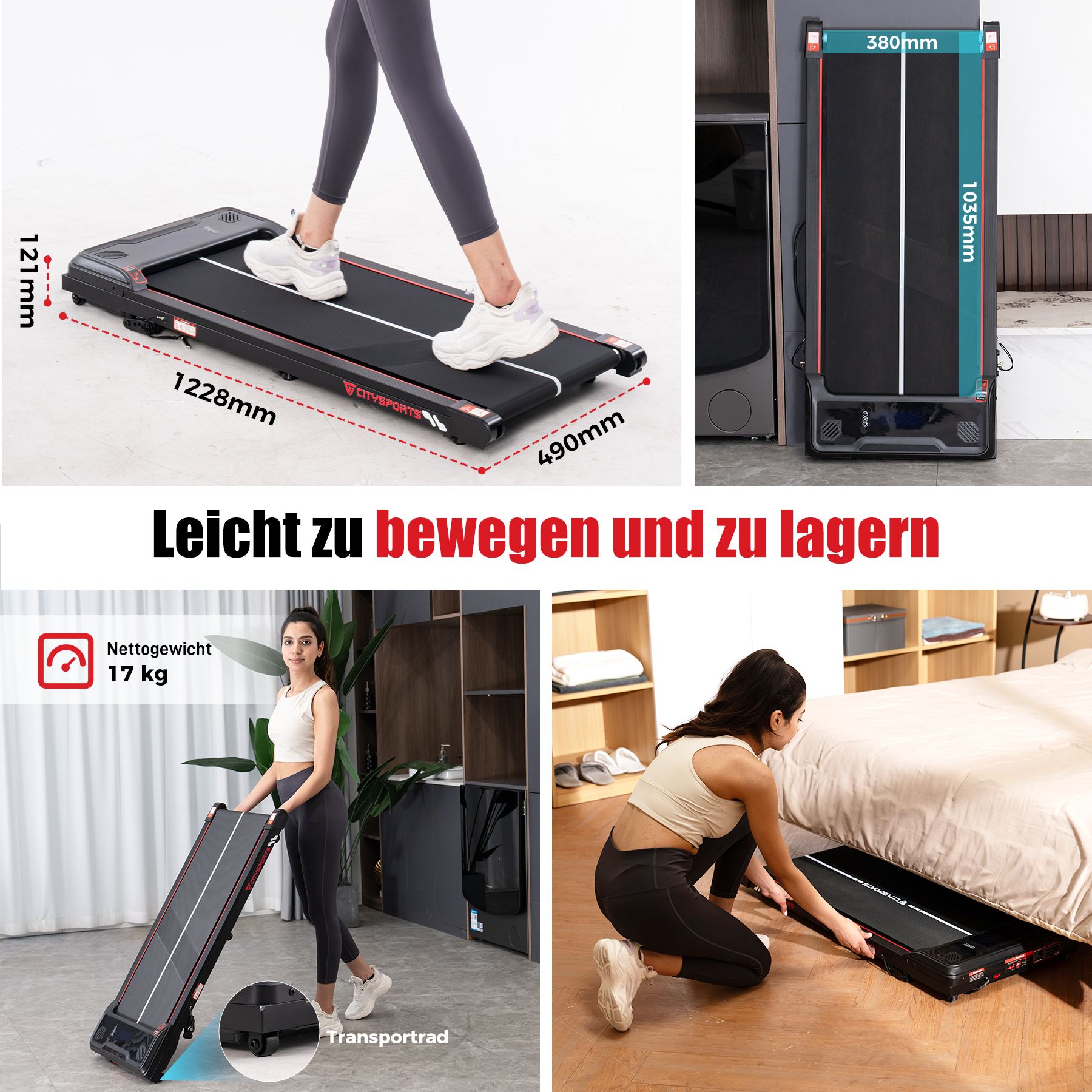 Das Bild zeigt eine Frau, die ein Laufband mit Abmessungen anhebt und verstaut. Das Laufband hat Räder für einfaches Bewegen.