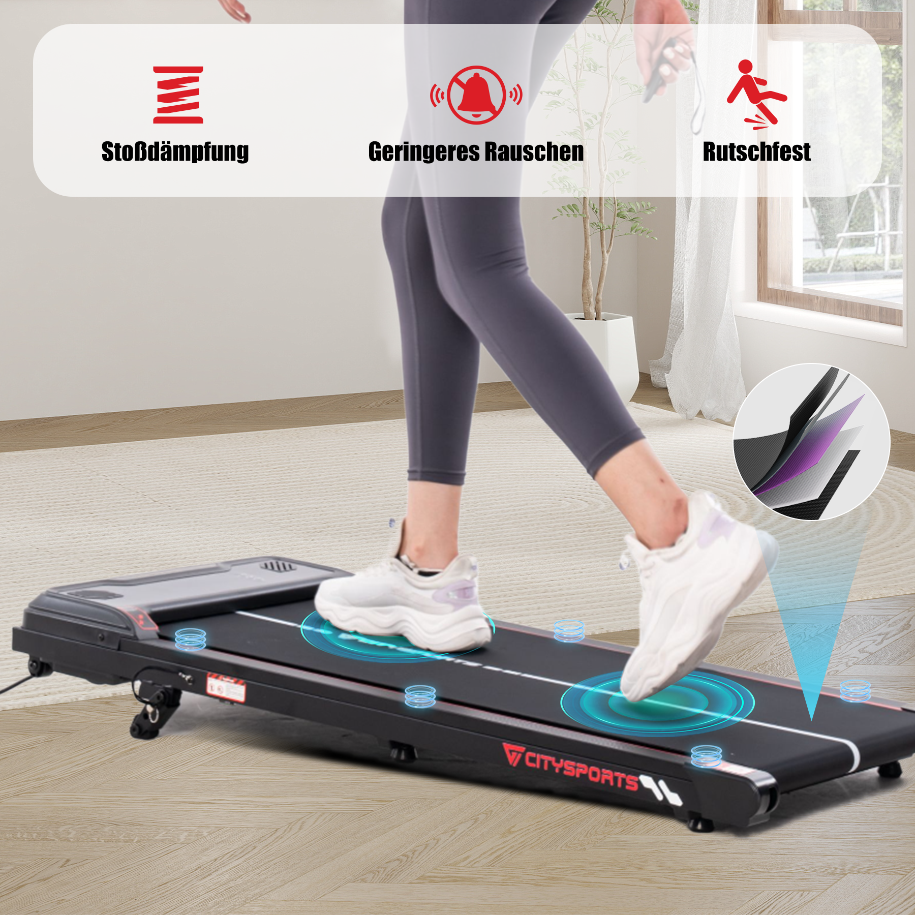 Frau geht auf einem Laufband. Grafiken zeigen Stoßdämpfung, Geräuschreduzierung und Anti-Rutsch-Eigenschaften. Hintergrund ist ein Zuhause.