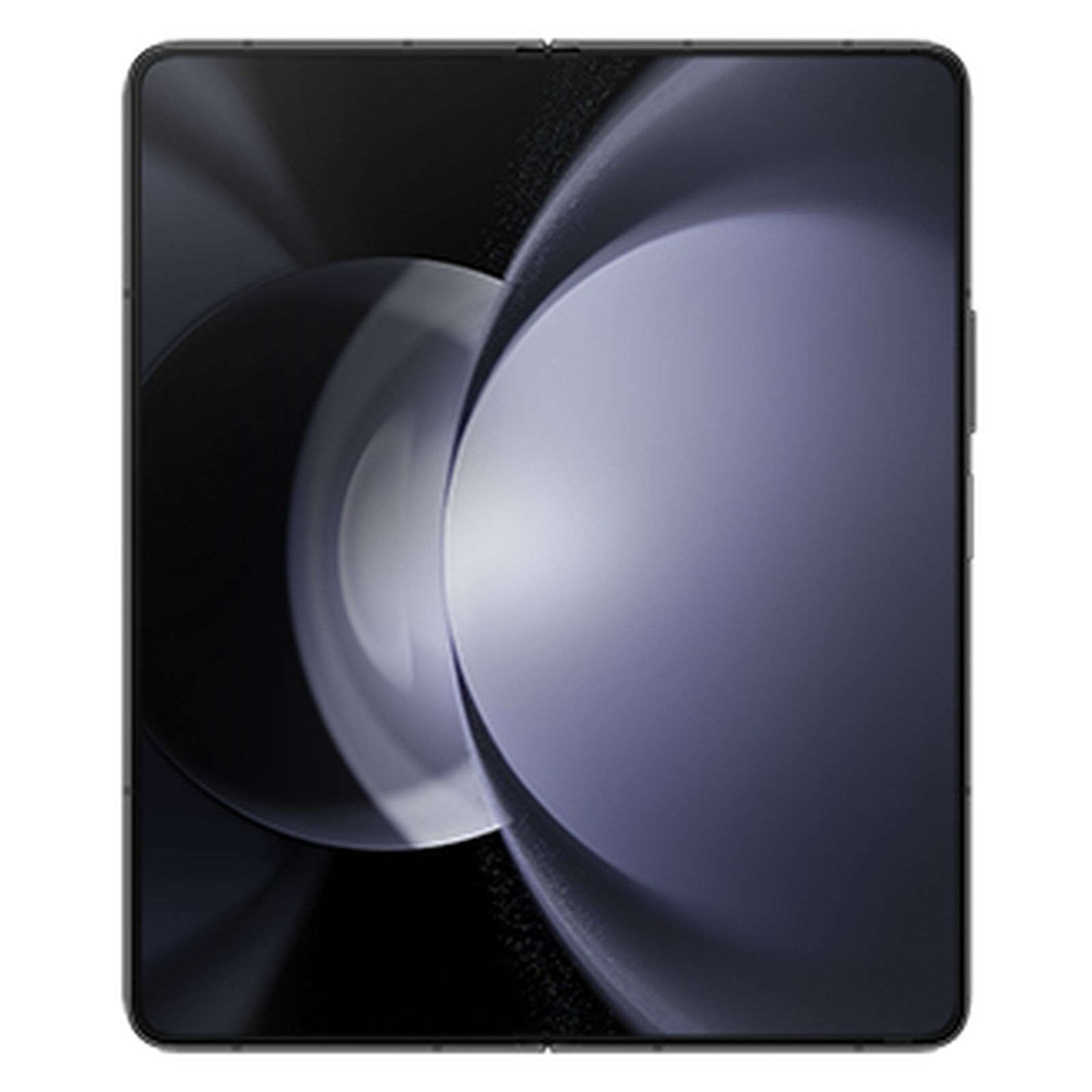 Składany smartfon, ciemnoszary, z dużym ekranem. Projekt ma zaokrąglone rogi. Tło ma abstrakcyjne kształty.