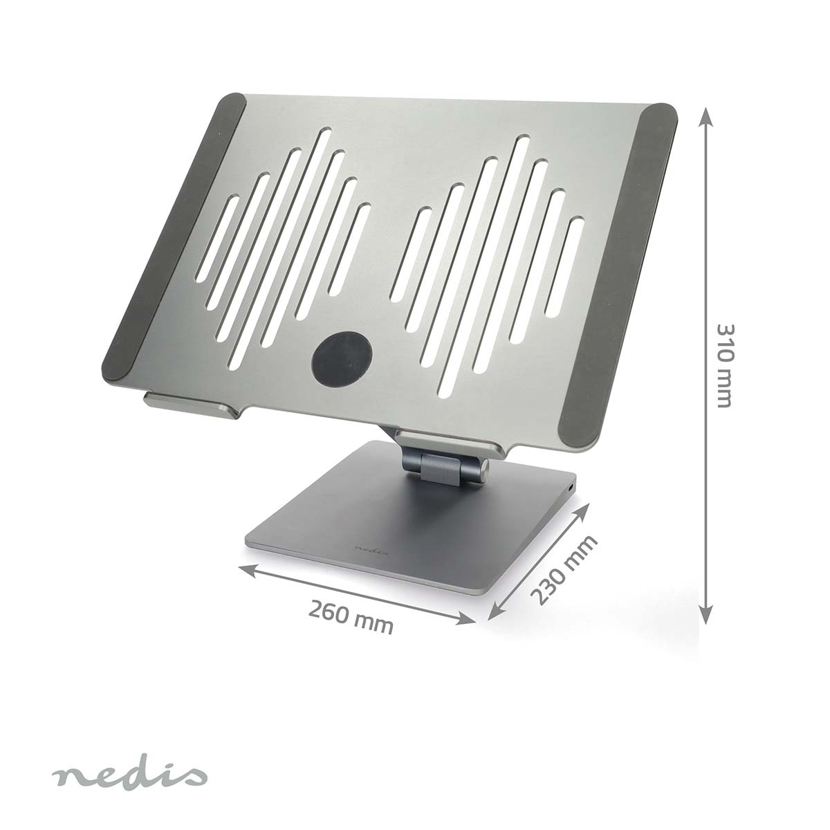 Support pour ordinateur portable argenté avec dimensions : base de 260 mm x 230 mm, hauteur de 310 mm. Logo Nedis en bas.