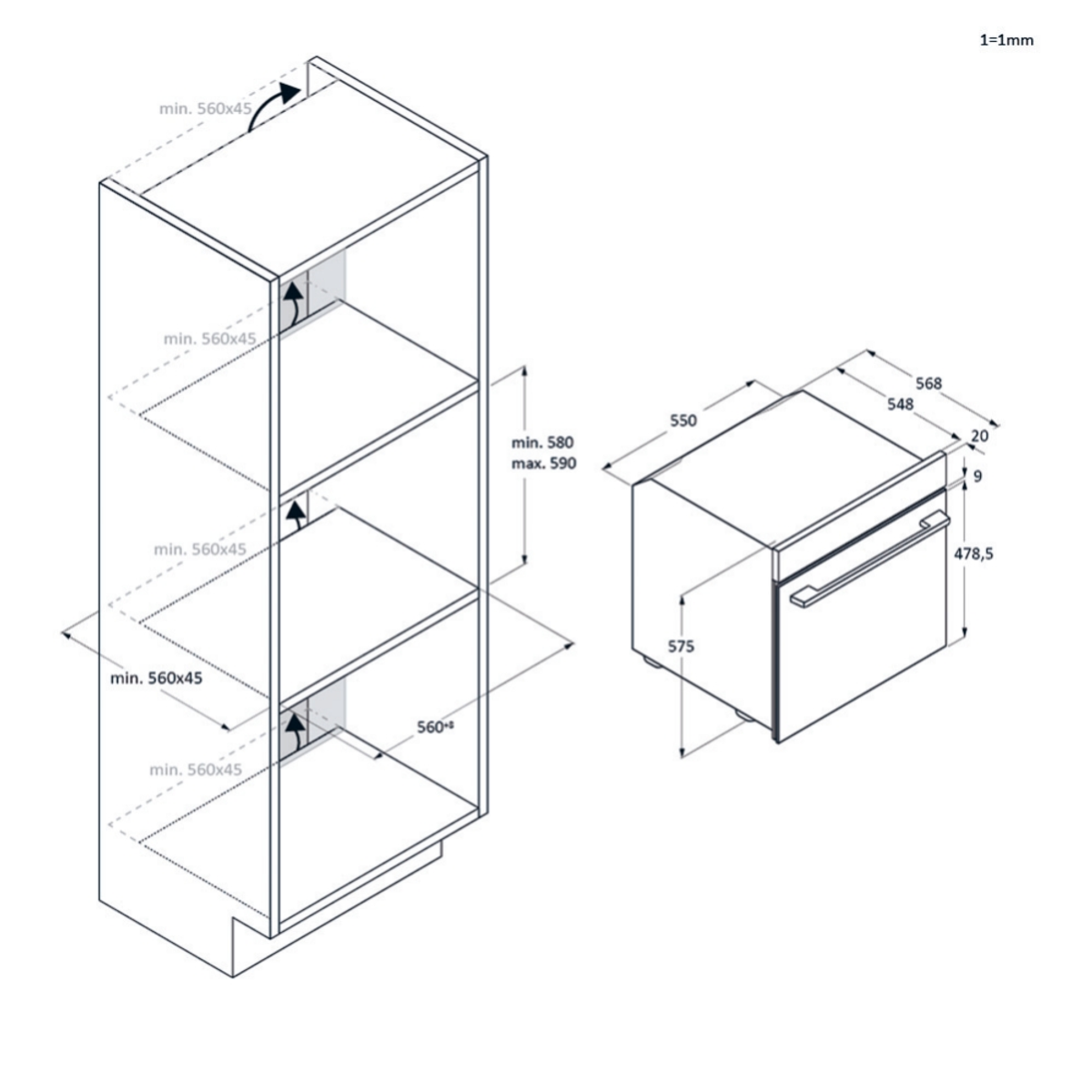 Un disegno tecnico che mostra un forno e un mobile con dimensioni e misure.