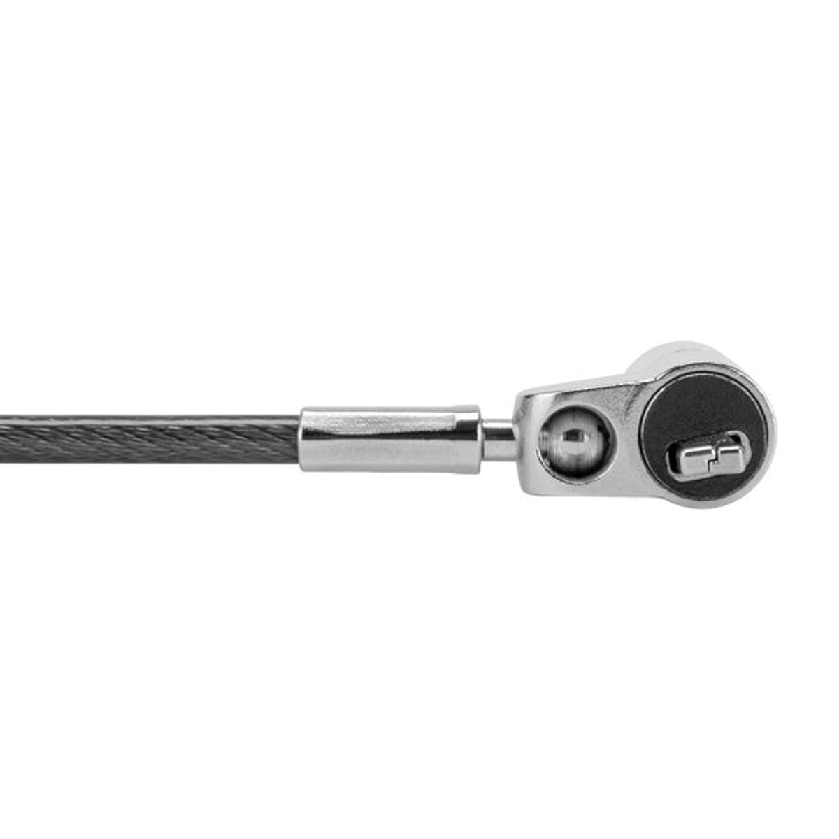 Das Ende eines Sicherheitskabelschlosses. Das Kabel ist grau und dick. Das Schloss ist silber.