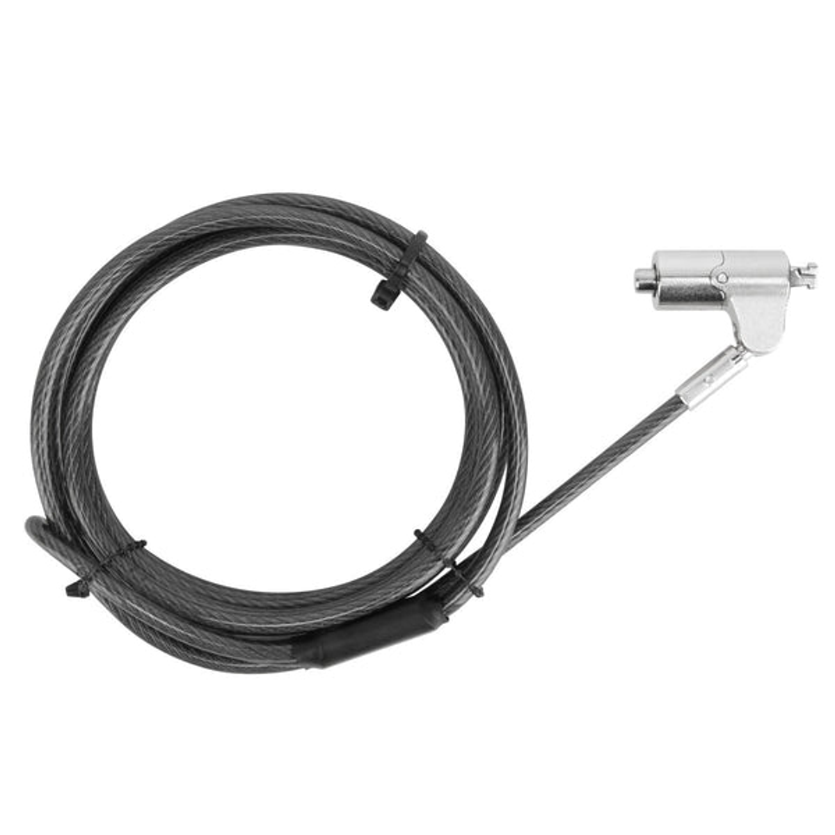 Graues Kabel mit Schlaufe und silbernem Schloss auf weißem Hintergrund.