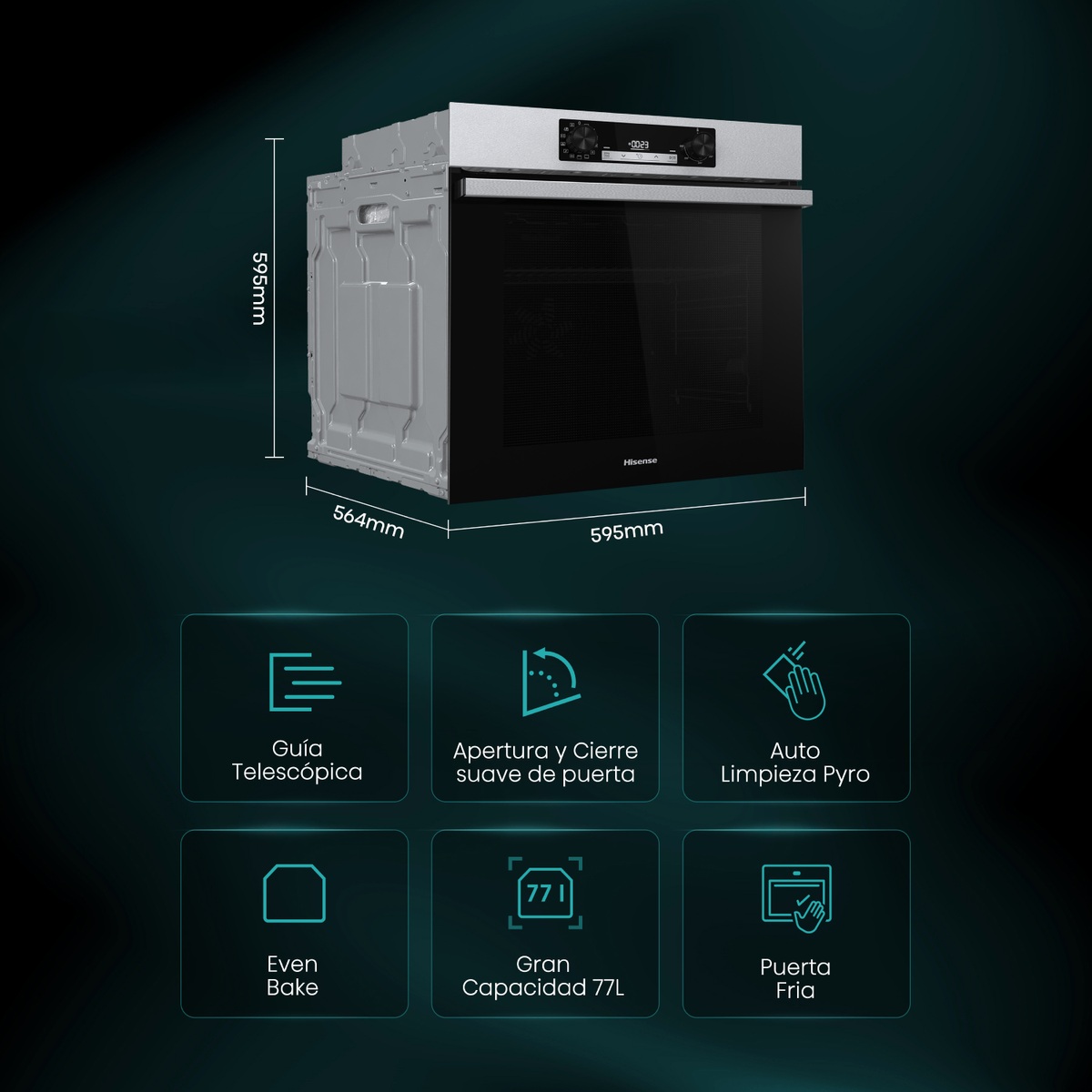 Horno con dimensiones y etiquetas de características. Es negro y plateado.