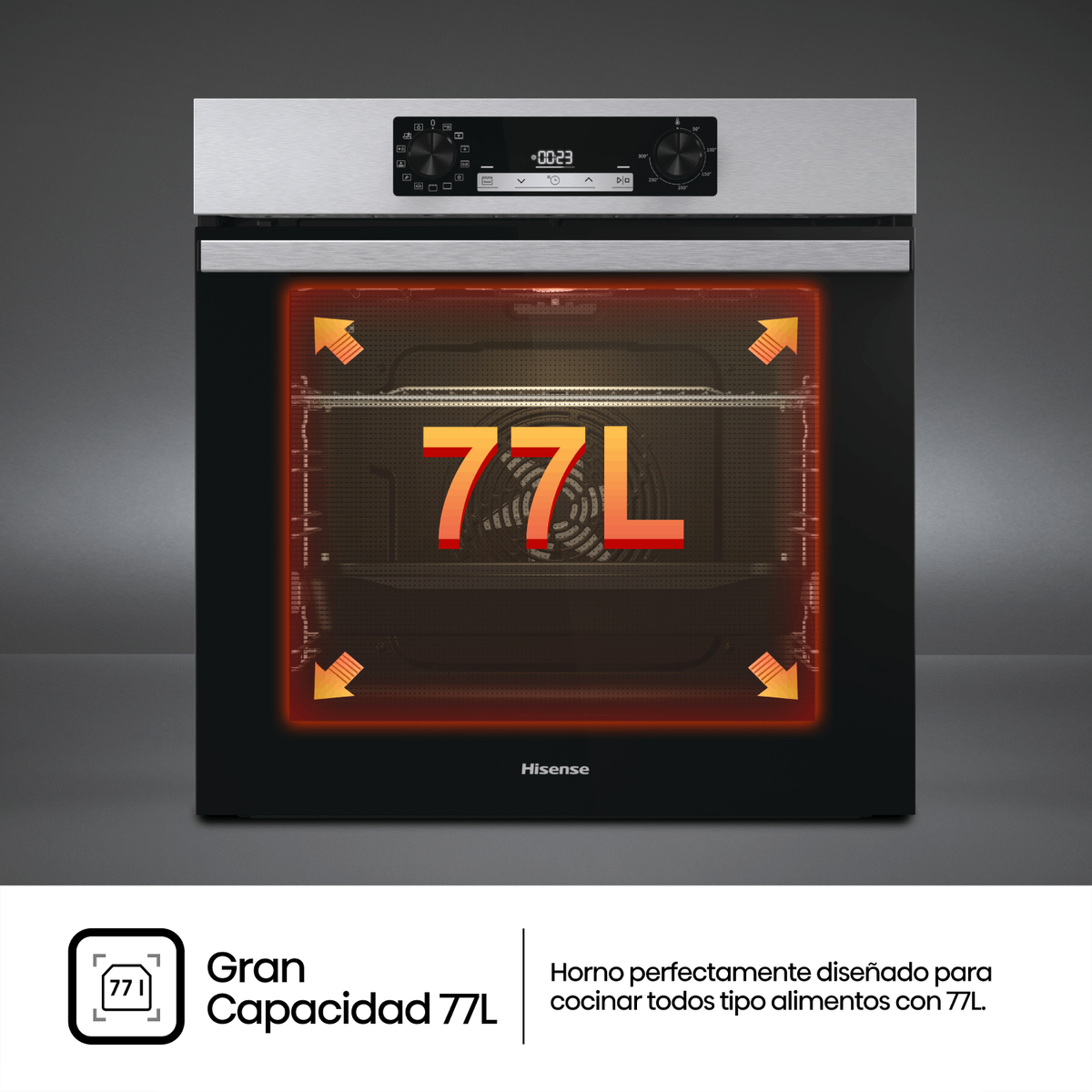 Horno con texto 77L y flechas. Es negro y plateado.