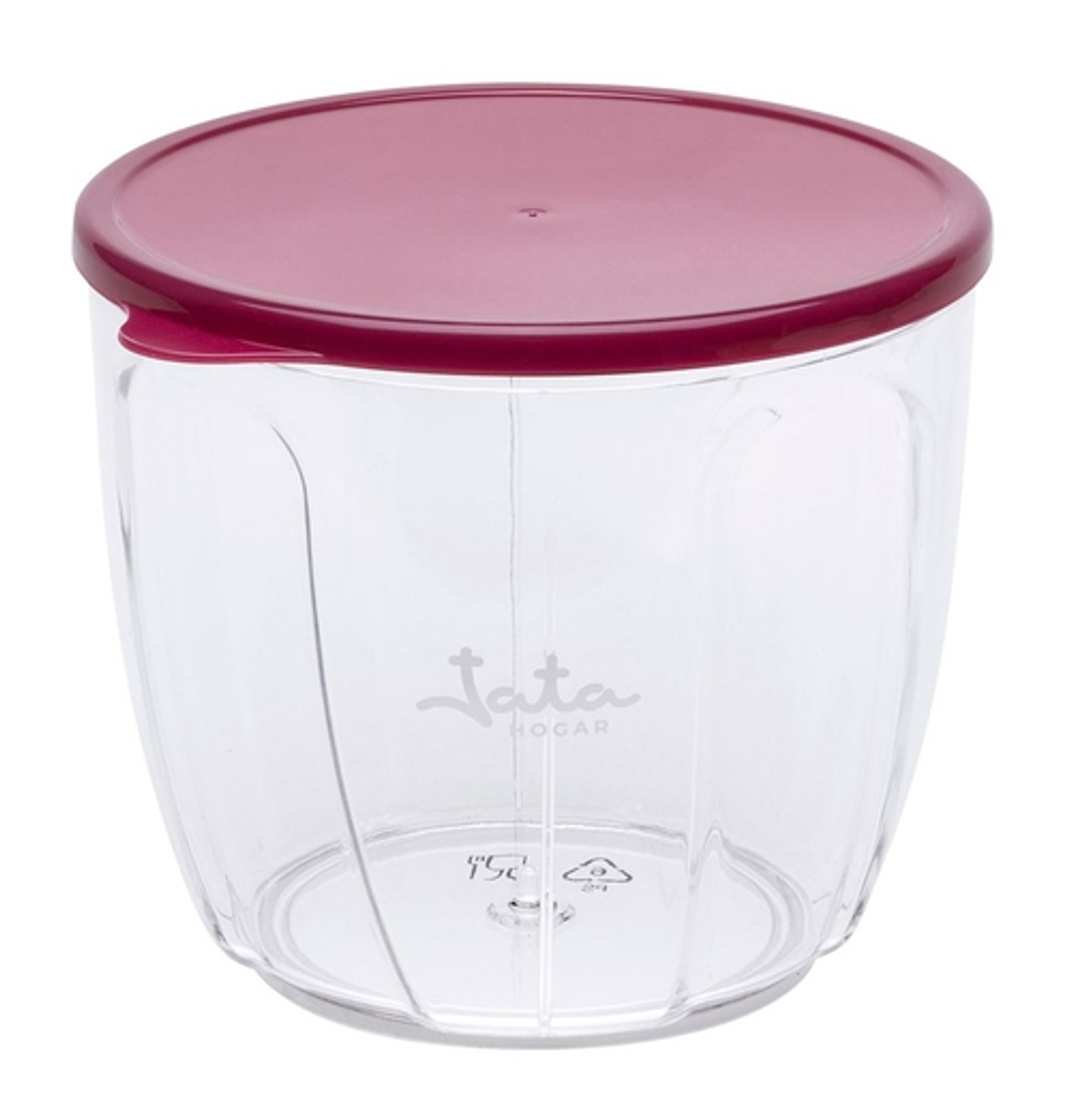 Un tritatutto alimentare in plastica trasparente con coperchio rosso.
