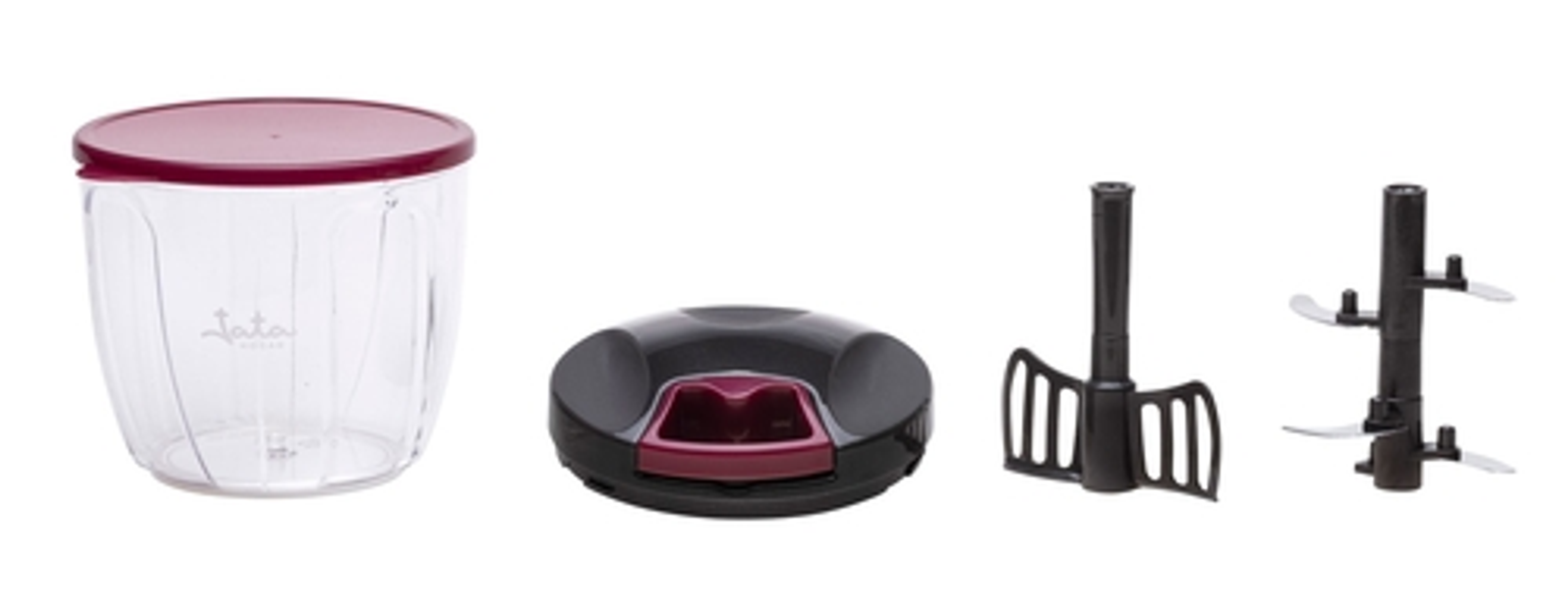 Componenti di un tritatutto trasparente con coperchio rosso, coperchio nero e lame.