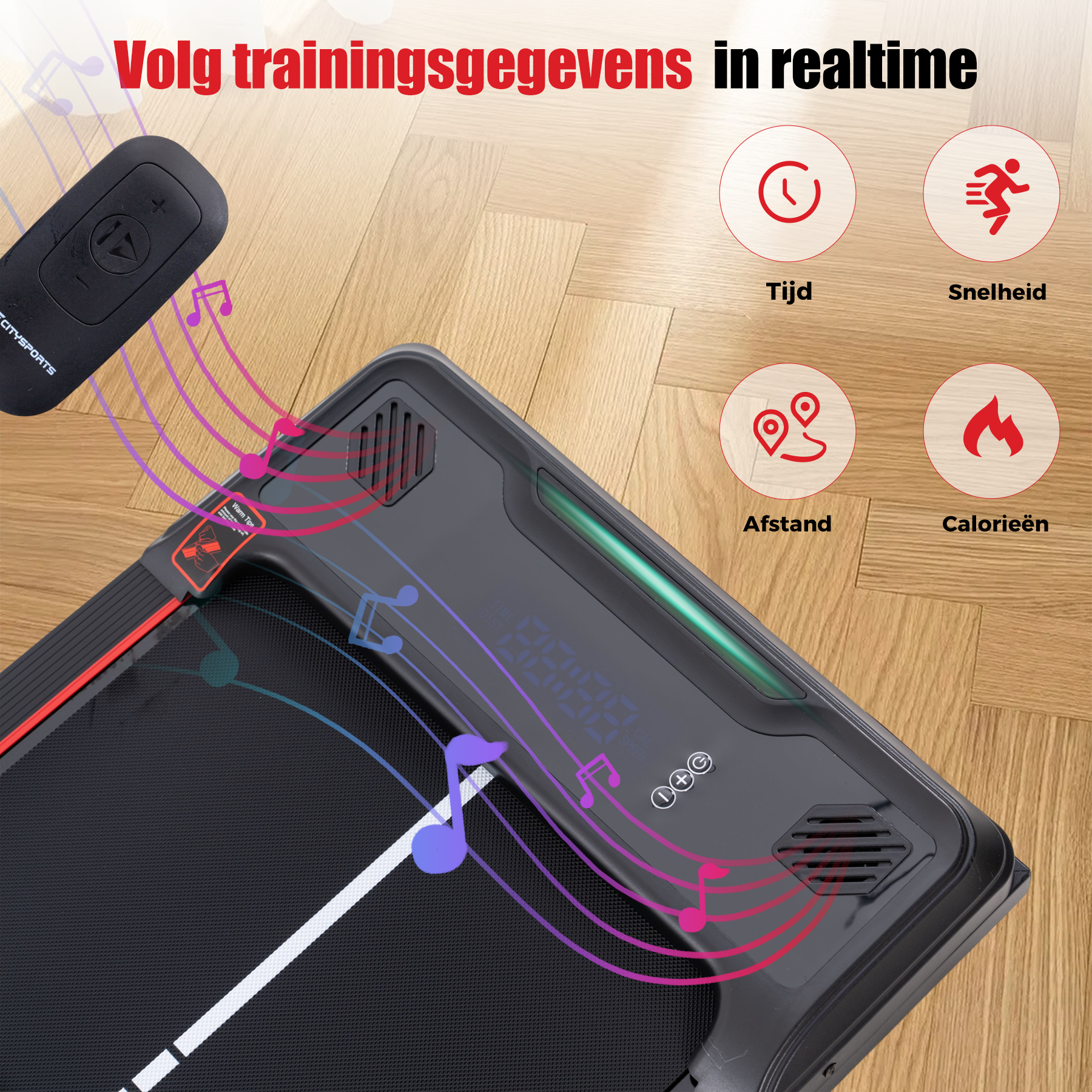 Gros plan d'un tapis roulant avec télécommande. L'écran affiche le temps, la vitesse, la distance et les calories. Notes de musique.