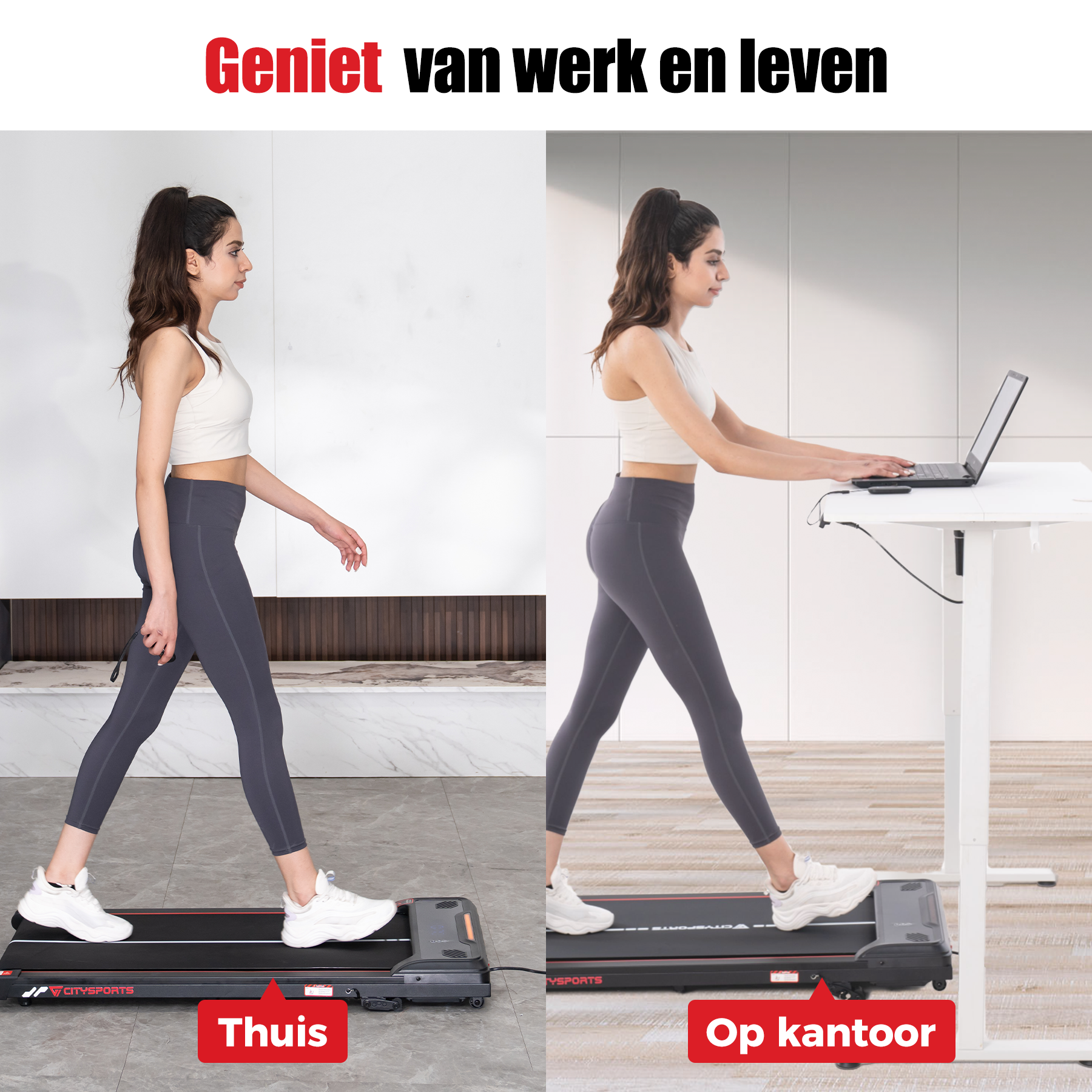 Deux femmes, l'une marchant et l'autre travaillant sur un ordinateur portable, toutes deux sur des tapis roulants. Texte : Profitez du travail et de la vie.
