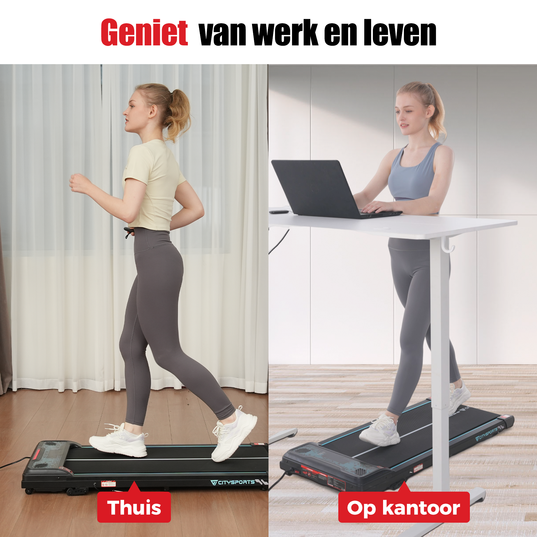Two women on treadmills, one at home and another at the office. The text at the top says: Enjoy work and life.