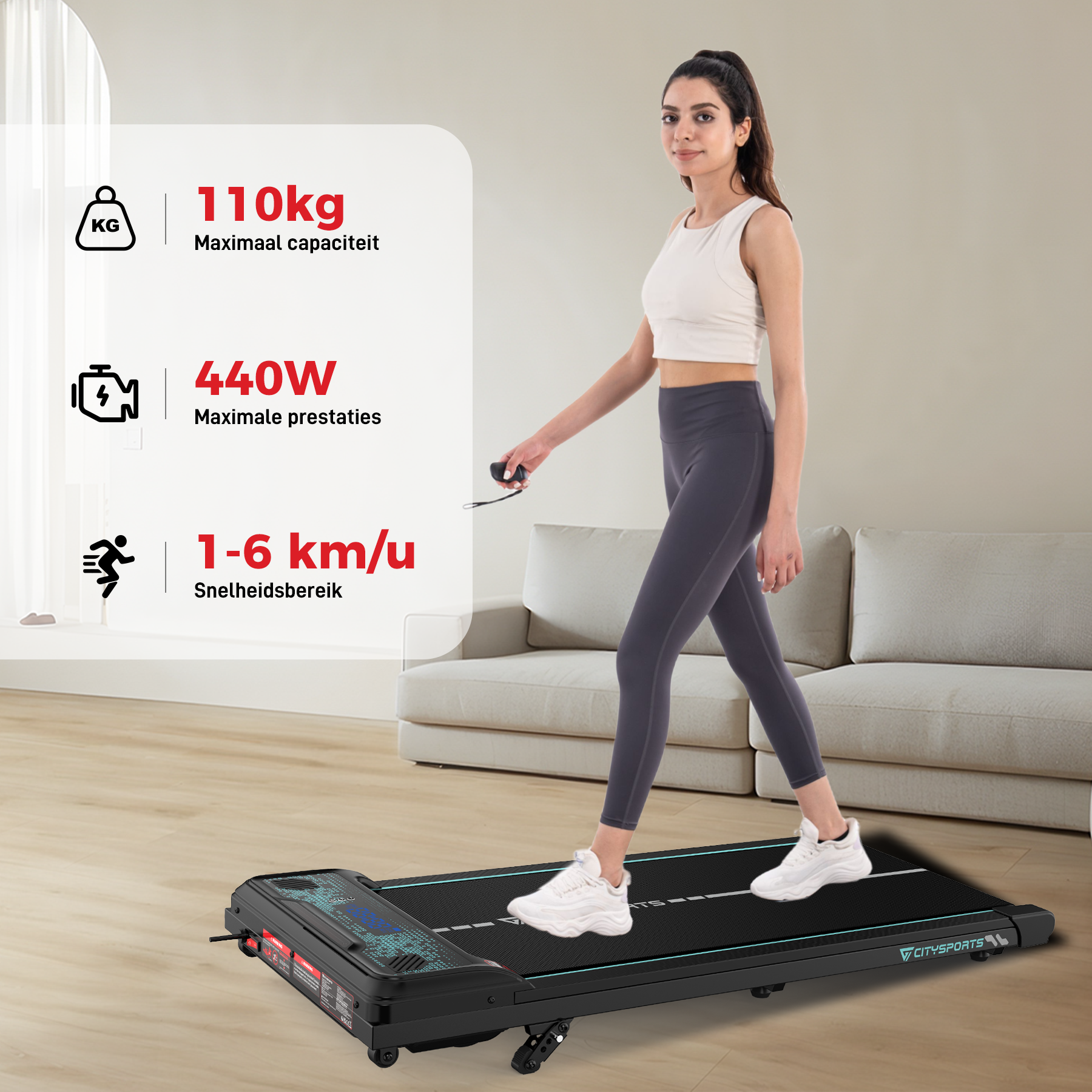 A woman walking on a treadmill. Icons show the treadmill's max capacity, power, and speed range.