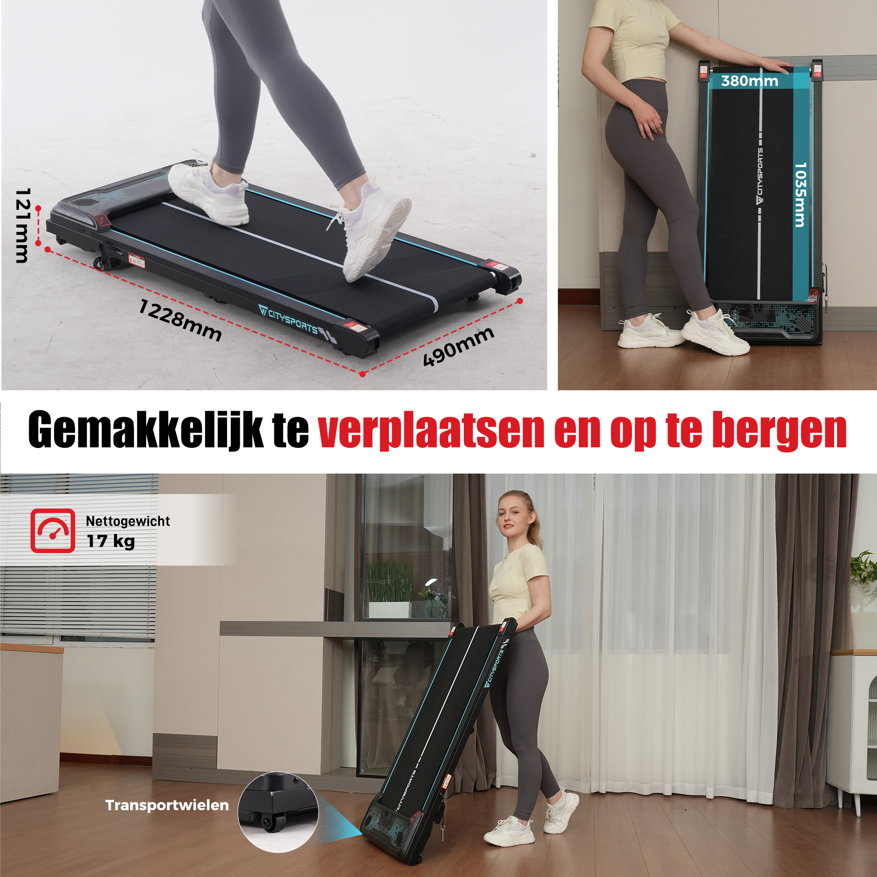 A woman walking on a treadmill. The image shows dimensions and indicates the treadmill is easy to move and store.