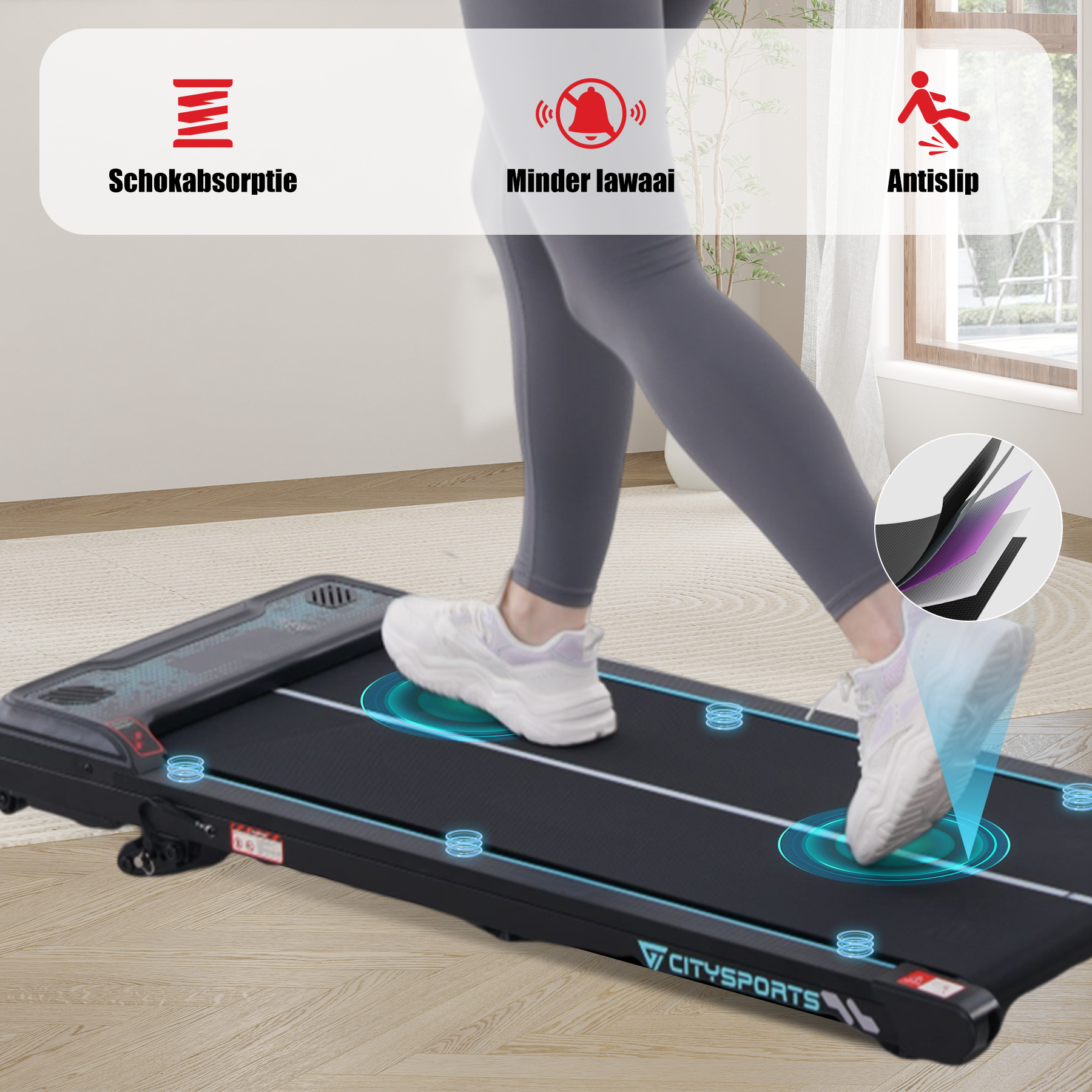 Close-up of a treadmill with a woman walking. The image shows shock absorption, reduced noise, and anti-slip features.