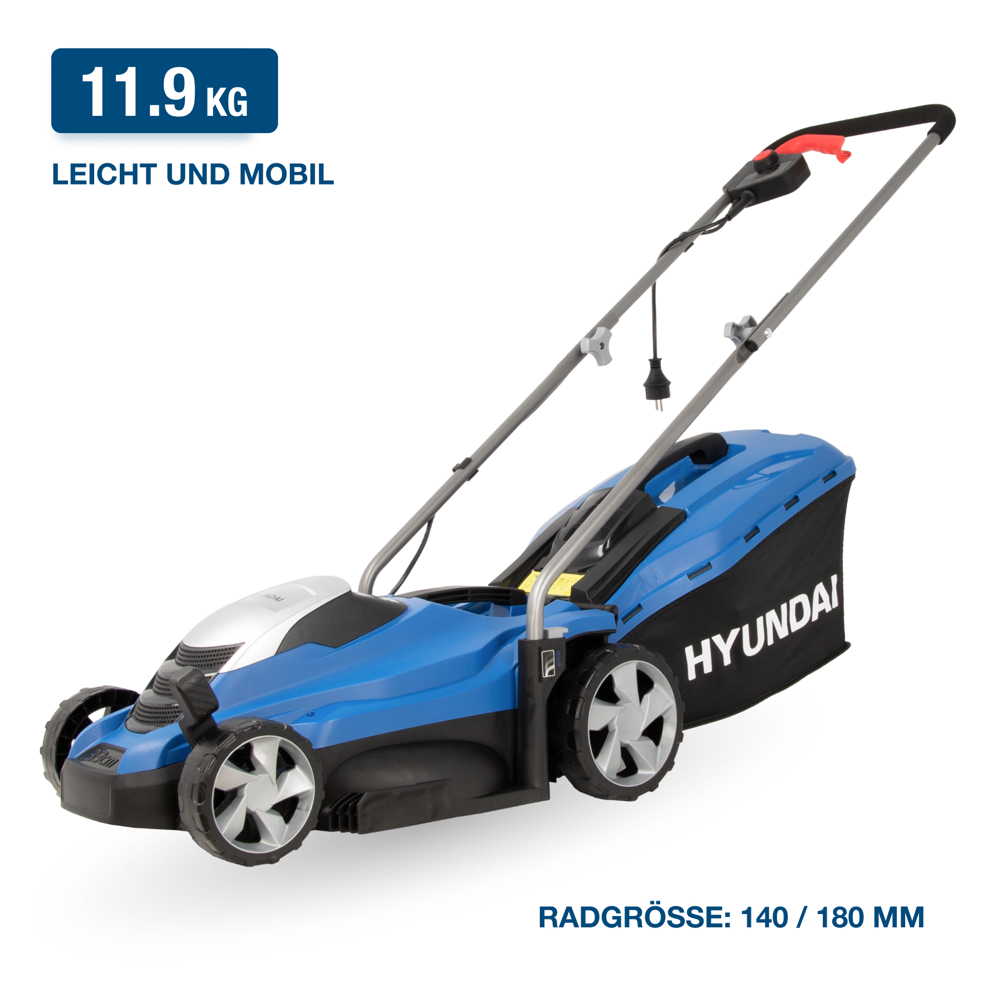 Blauer und silberner Hyundai Rasenmäher. Schwarze Tasche. Text: 11,9 KG und LEICHT UND MOBIL.