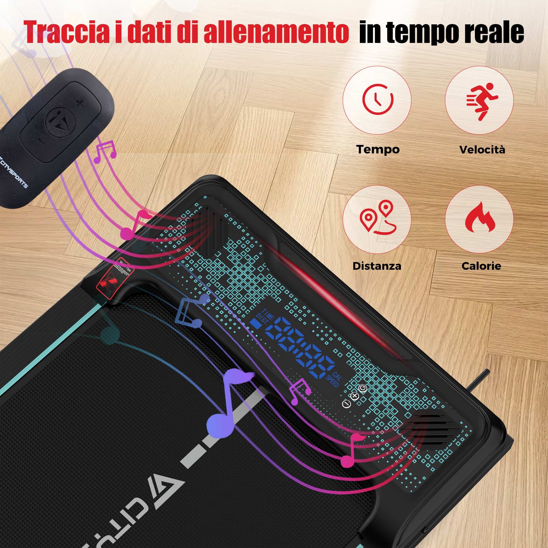 Tapis roulant con telecomando, mostra tempo, velocità, distanza e calorie. Note musicali attorno.