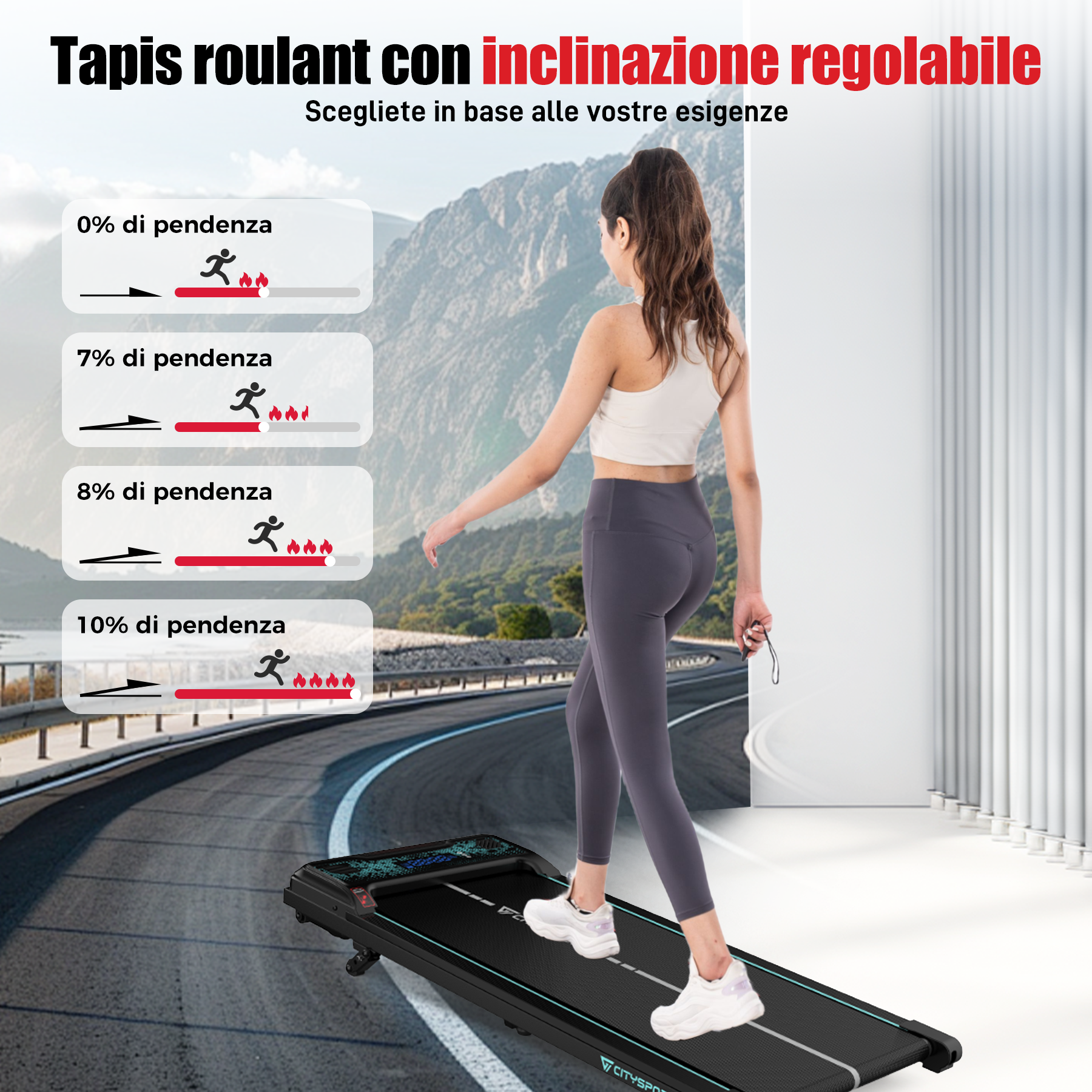 Donna che cammina su un tapis roulant con inclinazione regolabile. Il testo mostra diverse impostazioni di inclinazione e i loro effetti.