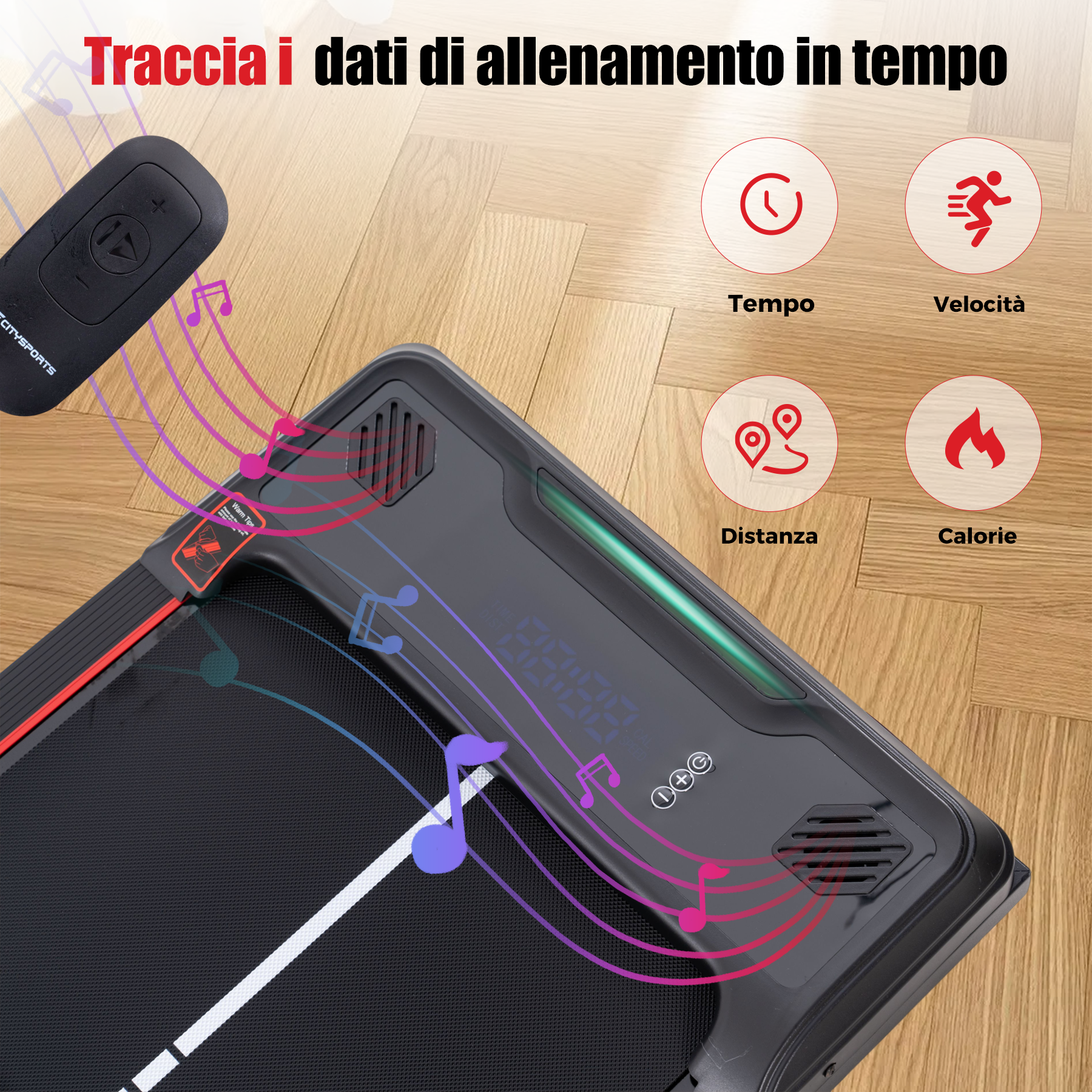 Tapis roulant con telecomando, mostra tempo, velocità, distanza e calorie. Note musicali attorno.