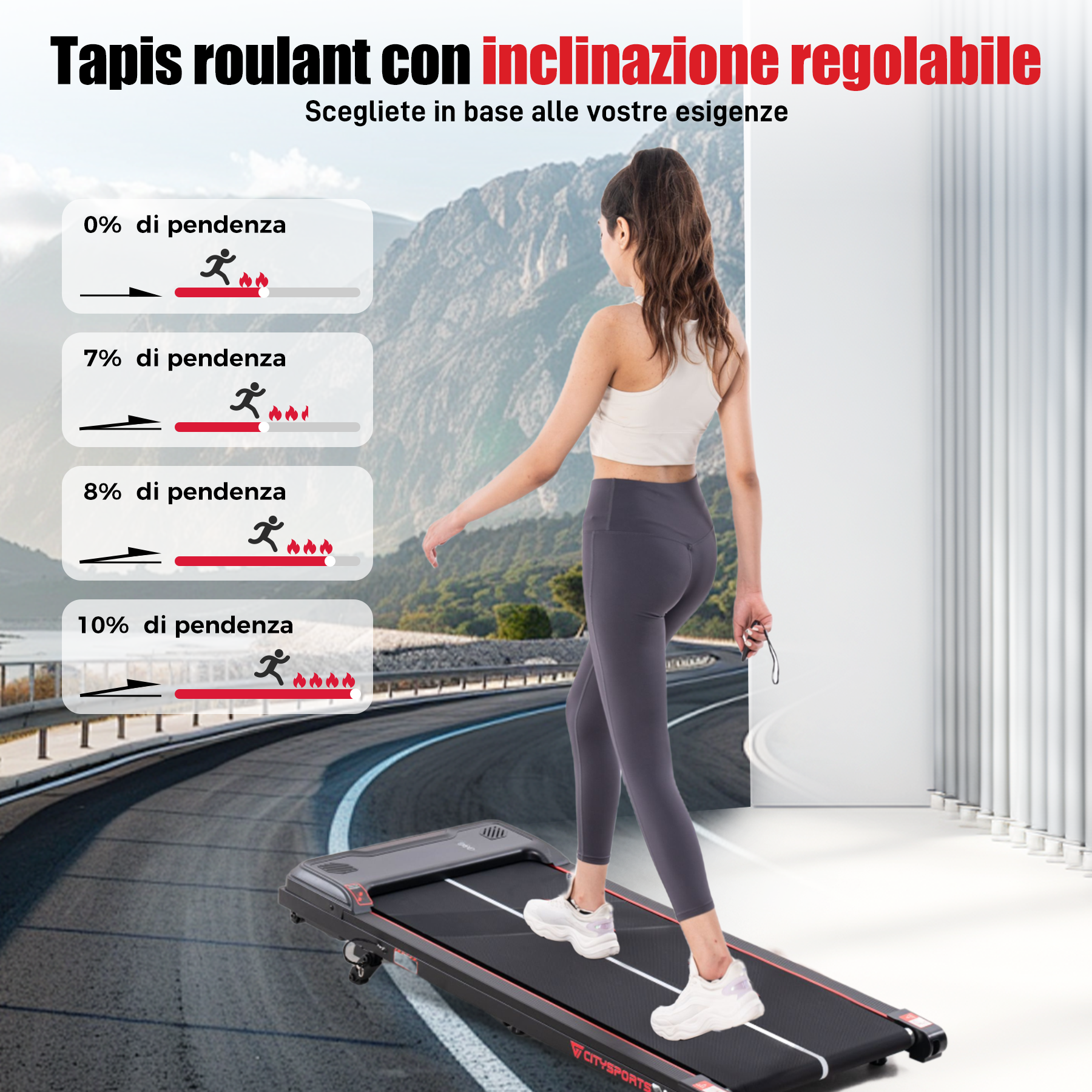 Donna che cammina su un tapis roulant con inclinazione regolabile. Il testo mostra diverse impostazioni di inclinazione e i loro effetti.