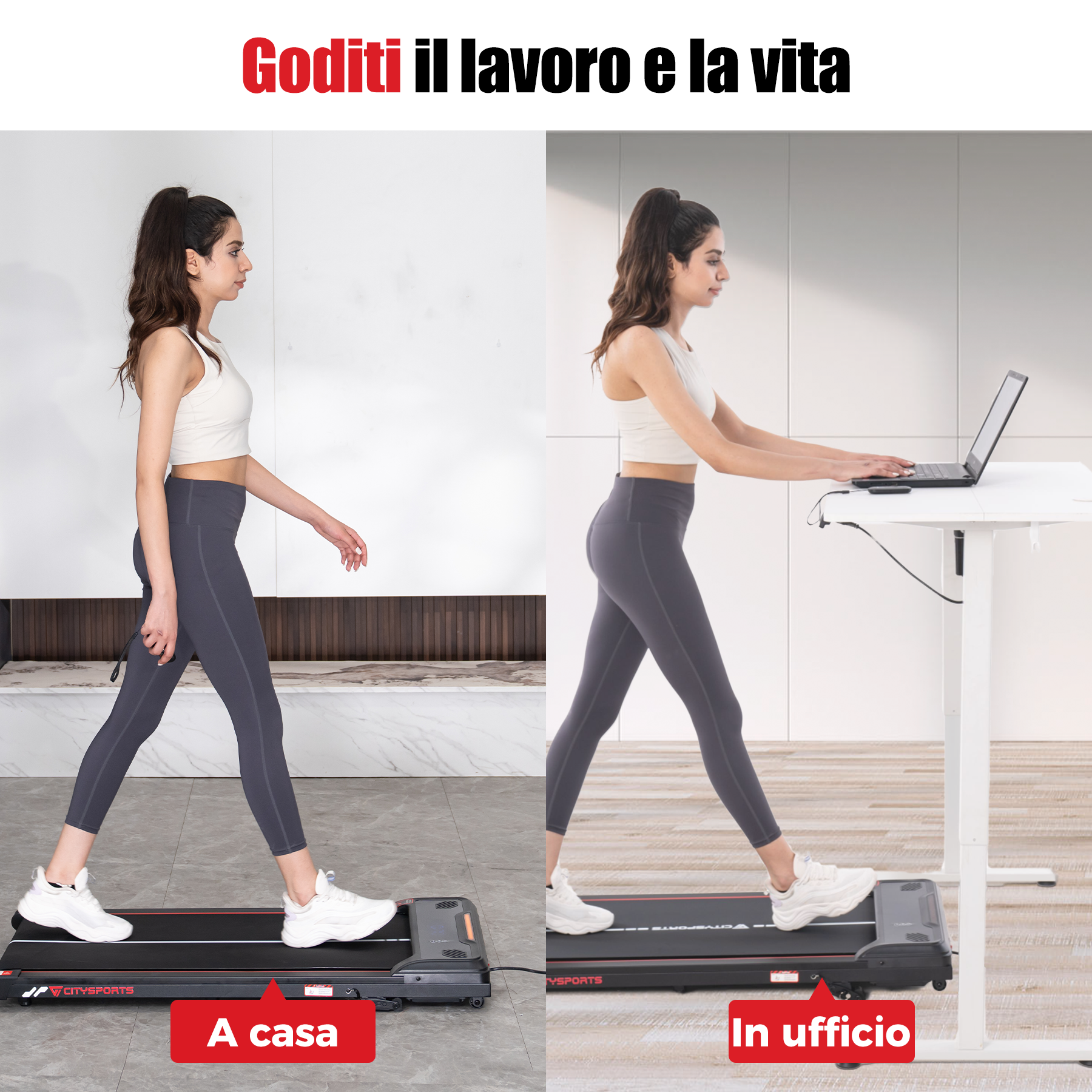 Due donne usano tapis roulant. Una a casa e l'altra a una scrivania in ufficio. Testo: 'Goditi il lavoro e la vita'.