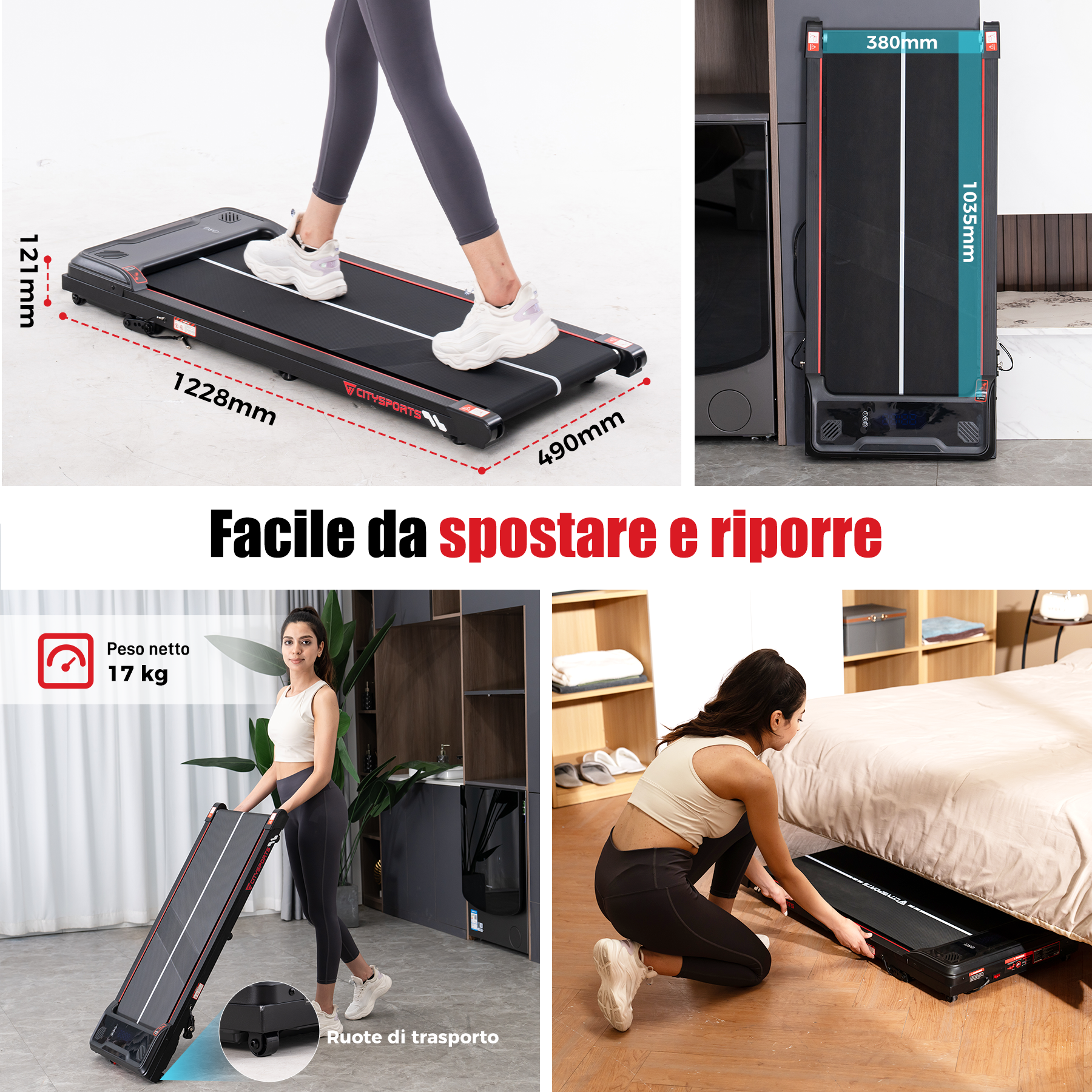 Una donna usa e sposta un tapis roulant. Vengono mostrate le dimensioni e il testo dice 'Facile da spostare e riporre'.