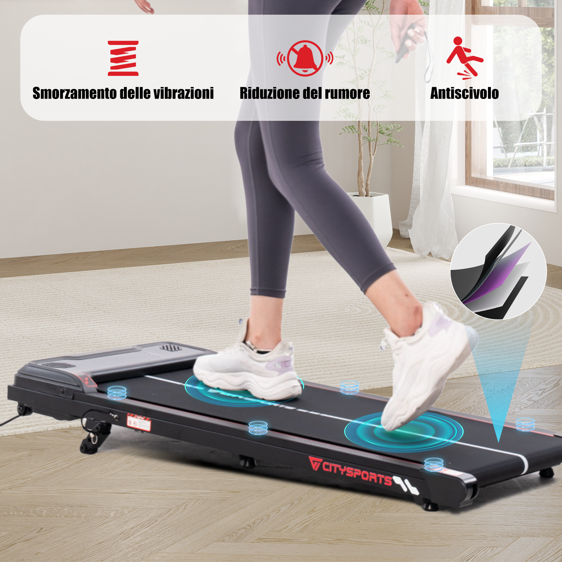 Dettagli ravvicinati del tapis roulant. Mostra l'ammortizzazione delle vibrazioni, la riduzione del rumore e le funzioni antiscivolo.