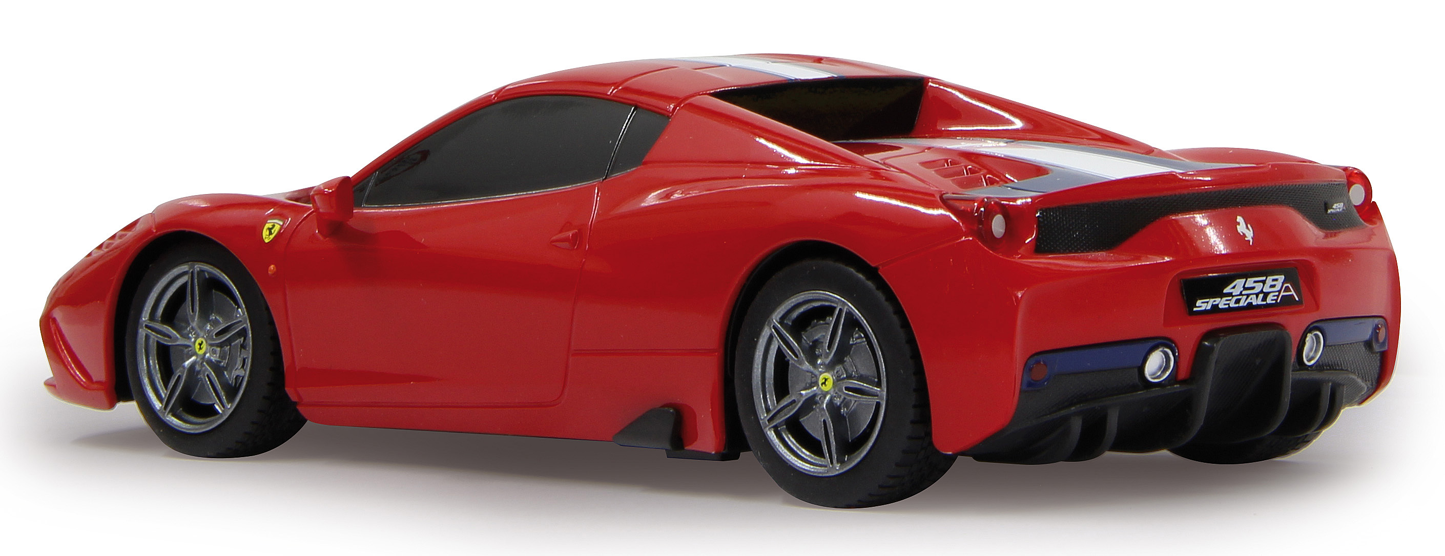 Czerwony samochód zabawkowy Ferrari 458 Speciale z tyłu, na białym tle.