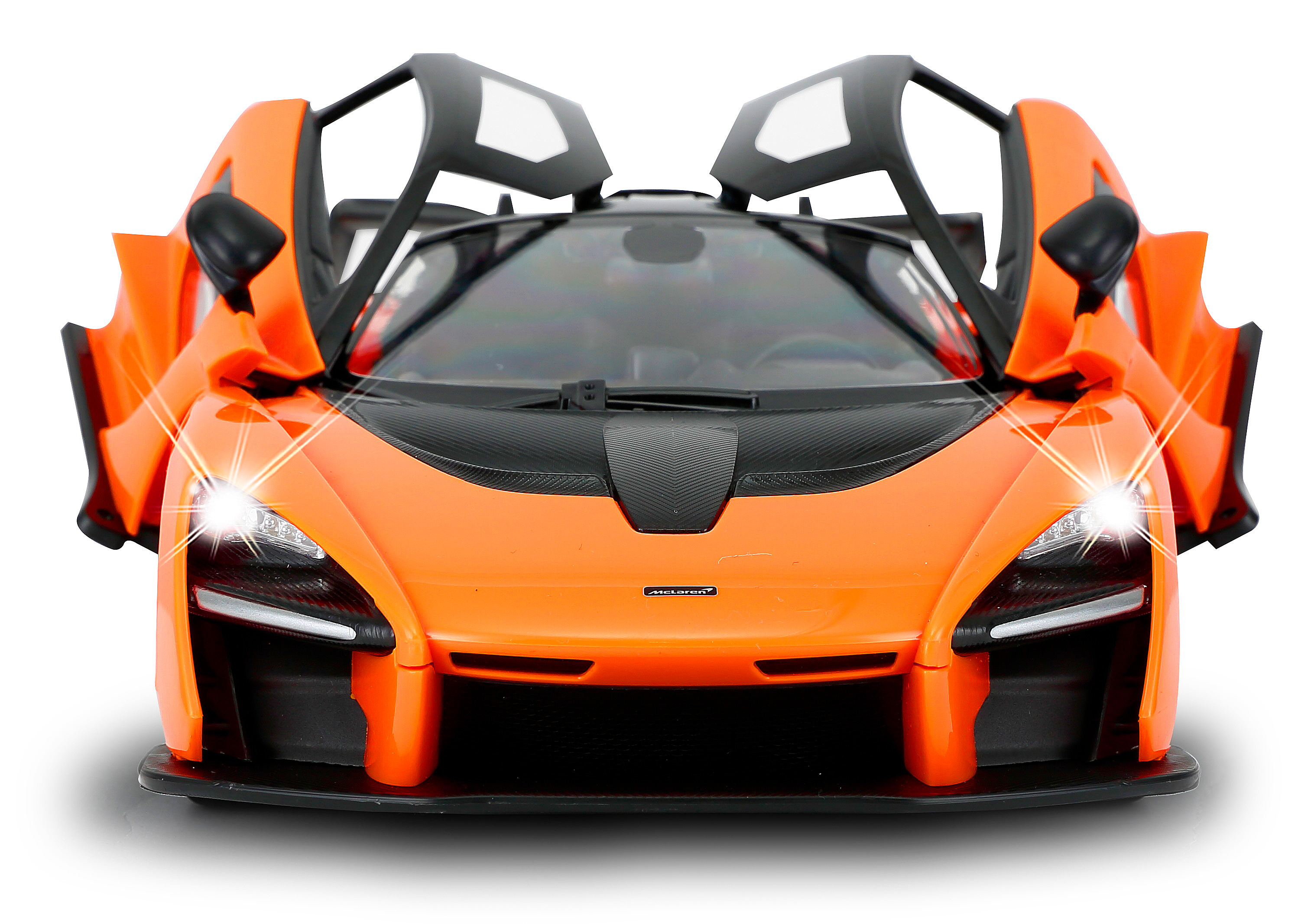 Vorderansicht eines orangen McLaren-Spielzeugautos mit eingeschalteten Scheinwerfern. Türen sind offen.