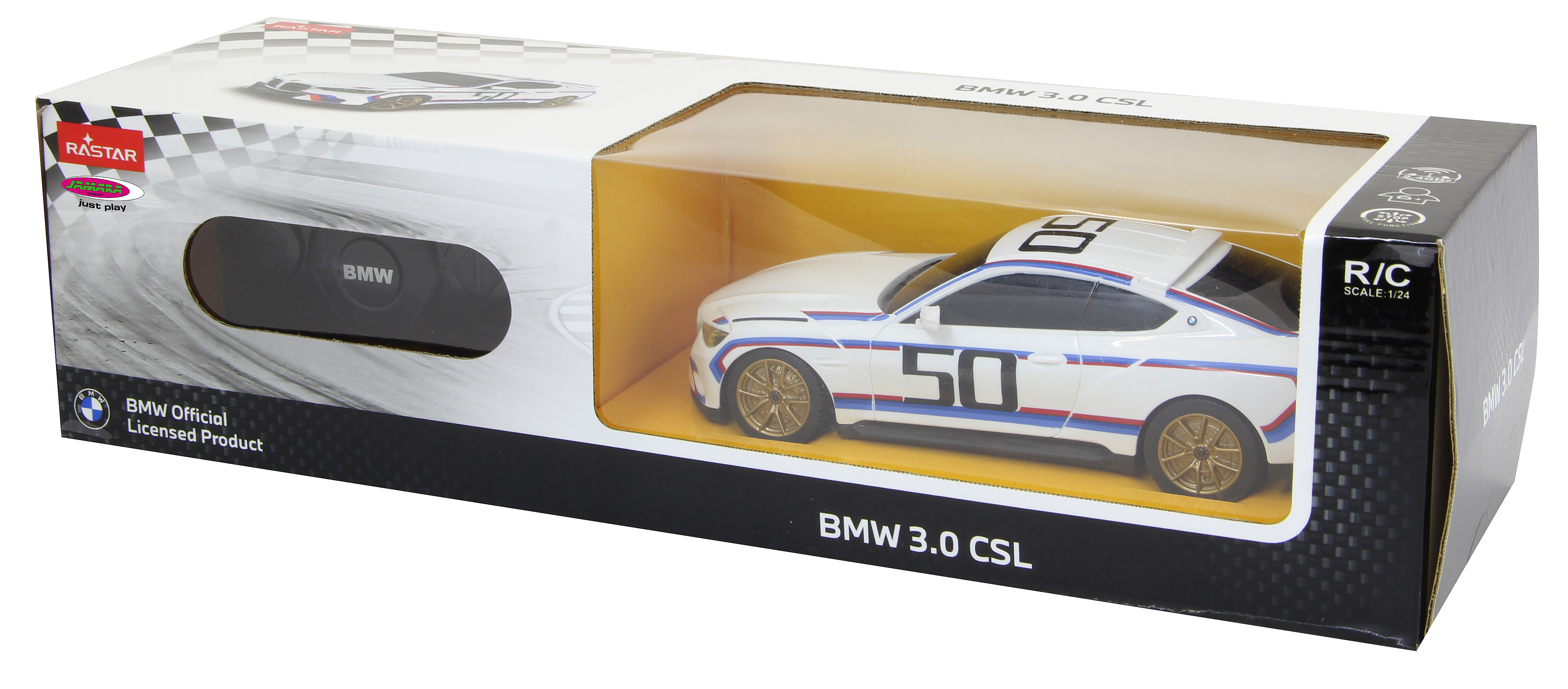 Ein weißes BMW 3.0 CSL-Spielzeugauto in einer Box. Das Auto hat blaue, rote Streifen und die Nummer 50. Die Box zeigt das Auto.