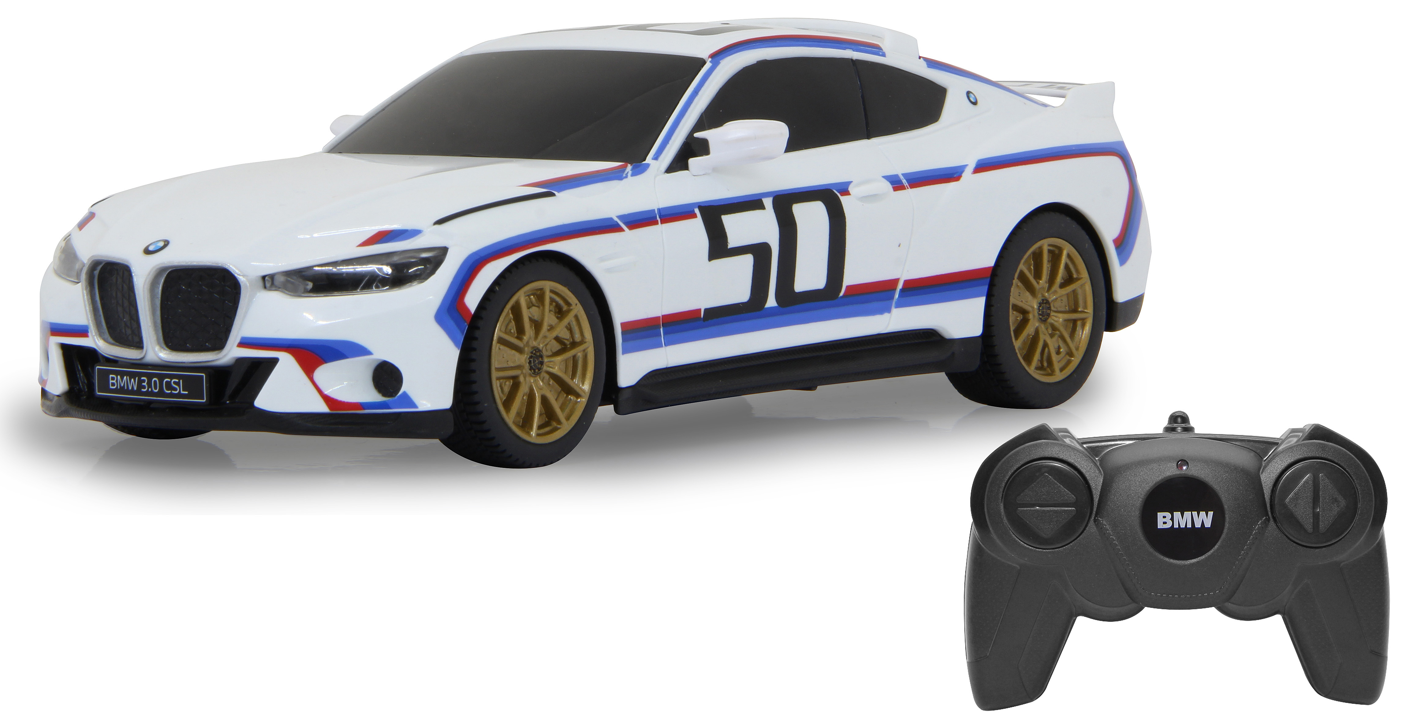 BMW 3.0 CSL Modellauto und Fernbedienung. Das Auto ist weiß mit blauen, roten Streifen. Nummer 50 an der Seite.