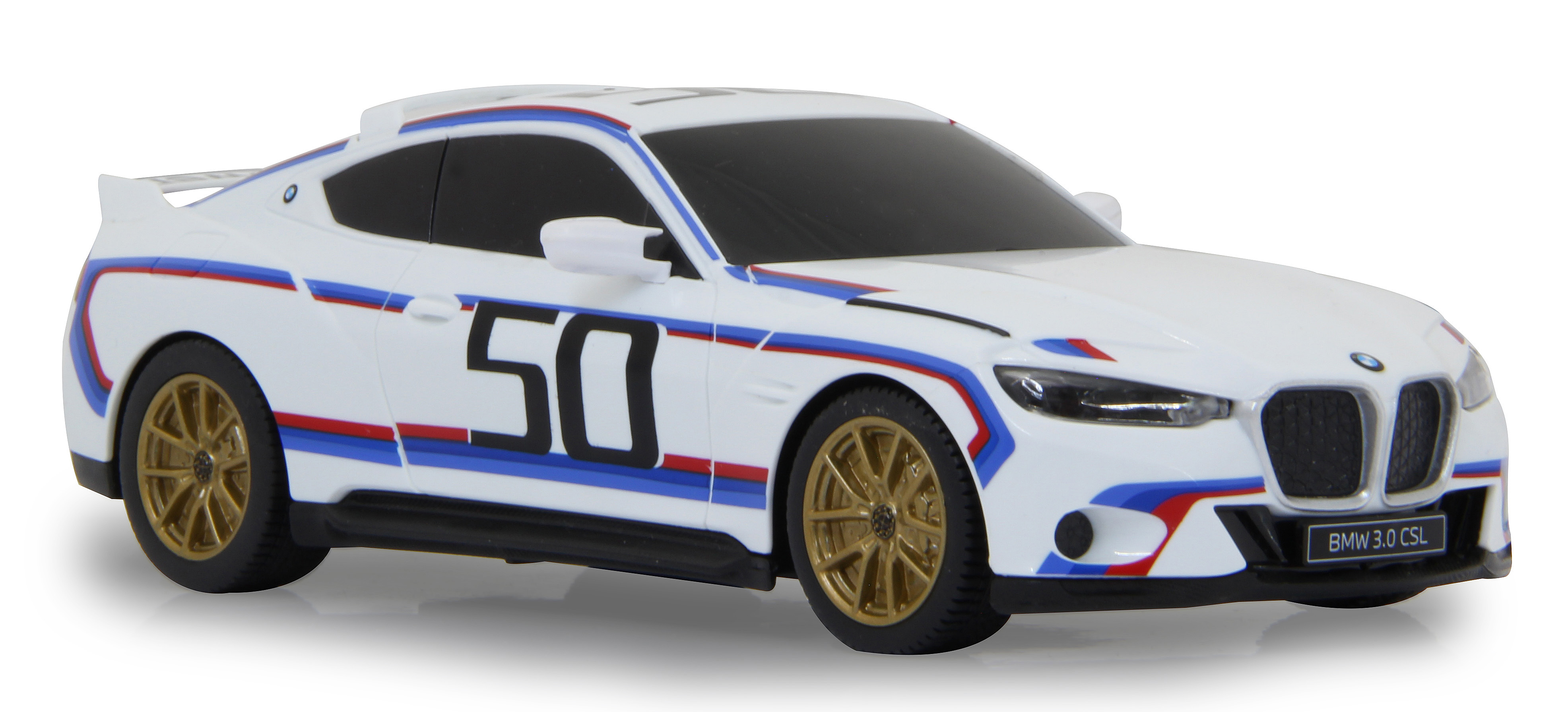 Ein weißes BMW 3.0 CSL-Spielzeugauto mit blauen und roten Streifen und der Nummer 50. Die Vorderseite ist sichtbar.