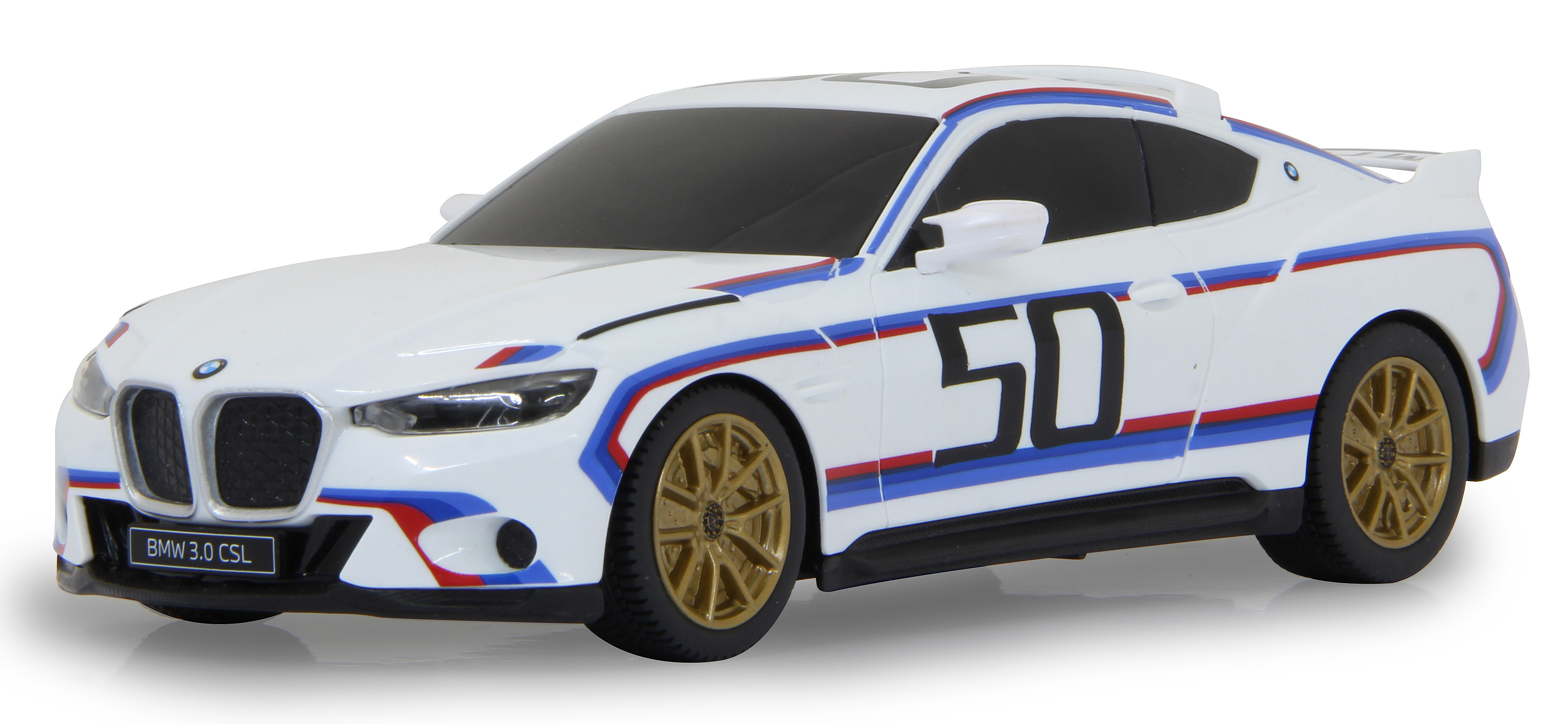 Weißes BMW 3.0 CSL Modellauto. Verfügt über blaue, rote und schwarze Streifen mit goldenen Rädern.