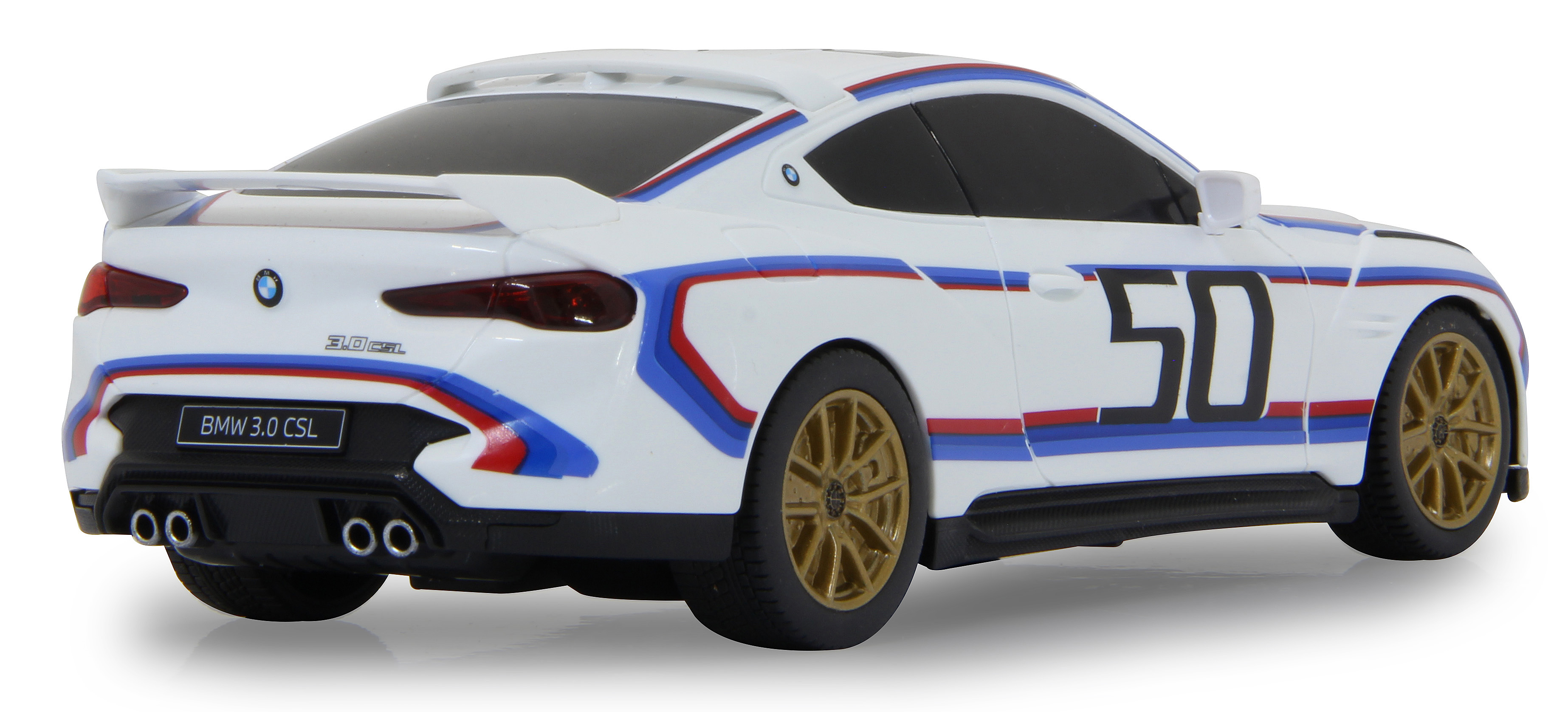 Rückansicht eines weißen BMW 3.0 CSL-Spielzeugautos mit blauen und roten Streifen und der Nummer 50.