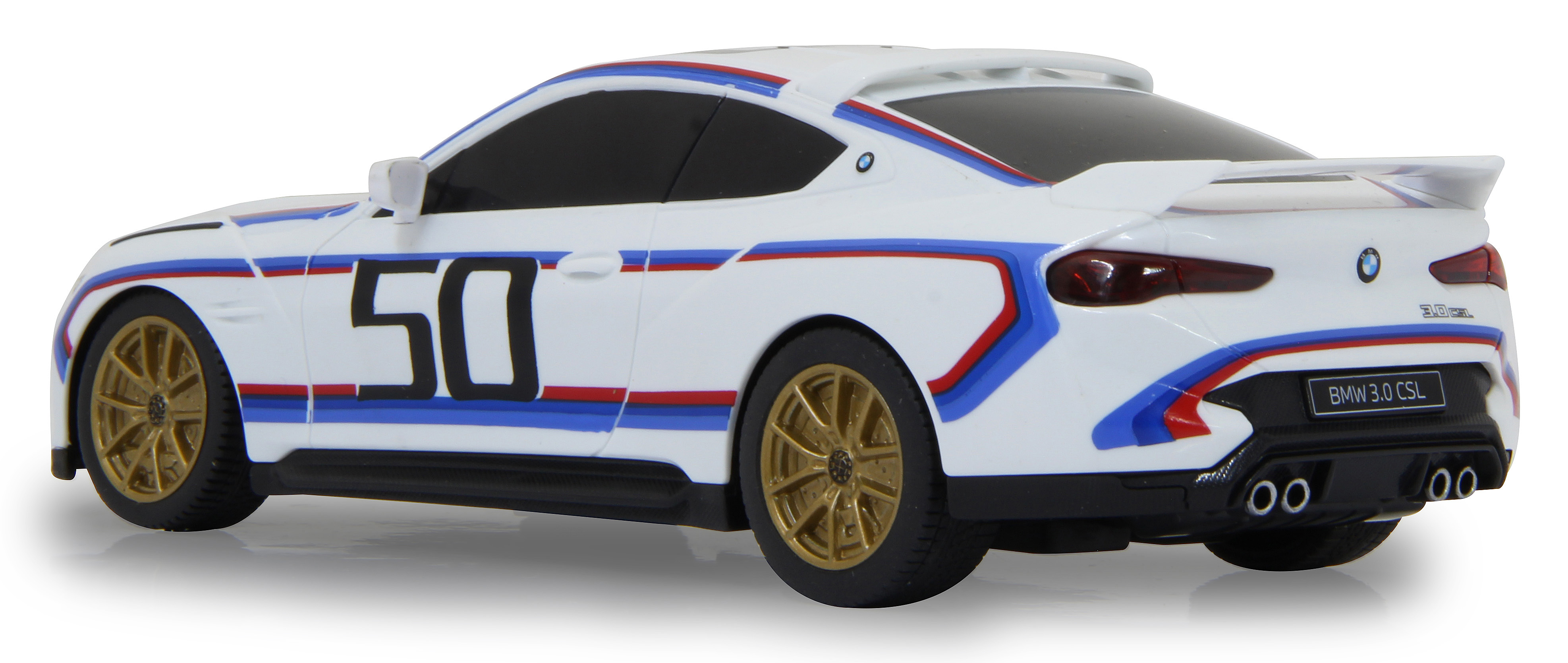Rückansicht eines weißen BMW 3.0 CSL Modellautos. Rennstreifen und die Nummer 50. Goldene Räder.