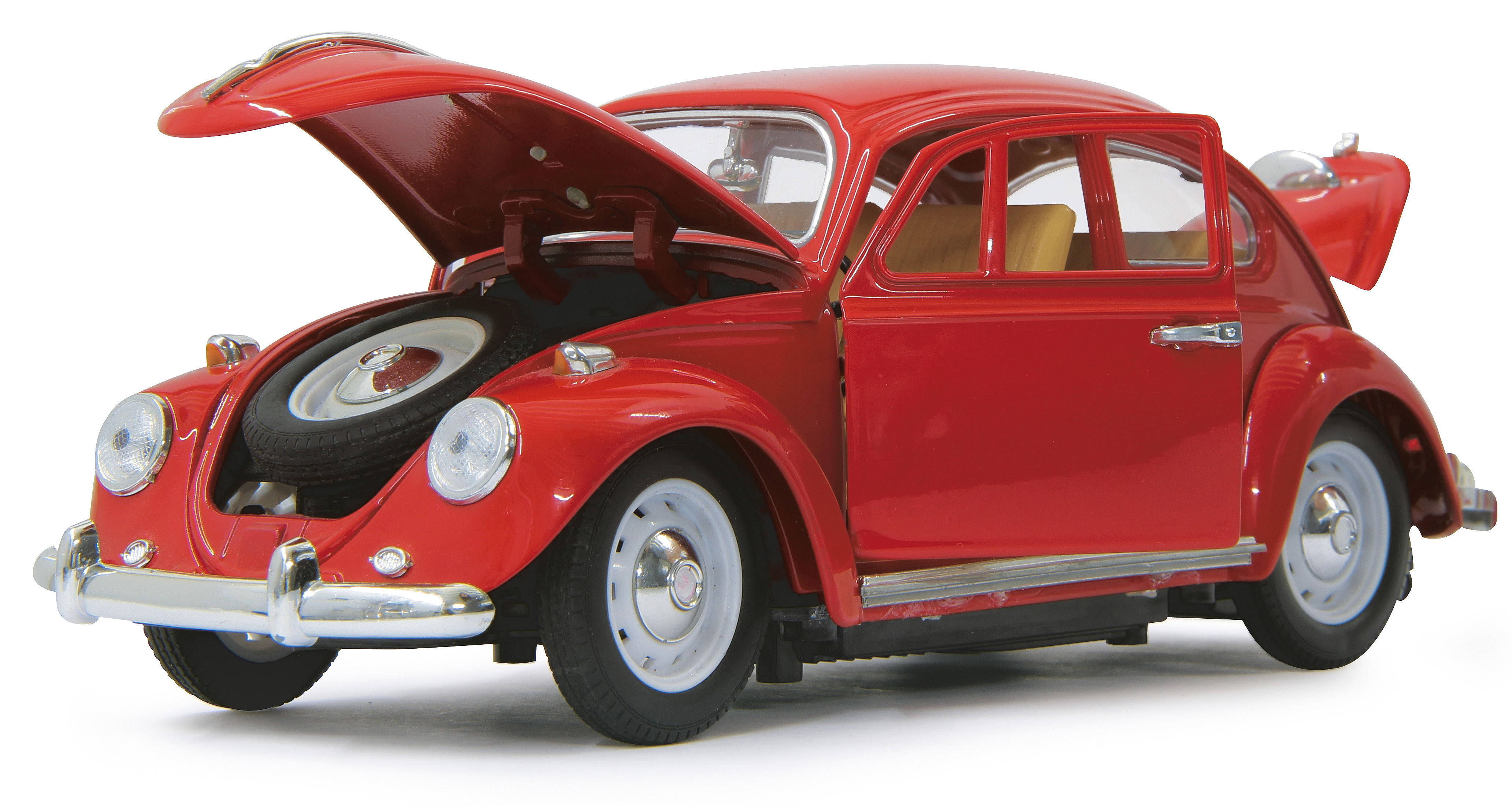 Rotes Oldtimer-Auto mit geöffneter Motorhaube und Tür, das Motor und Reserverad zeigt. Weißer Hintergrund.