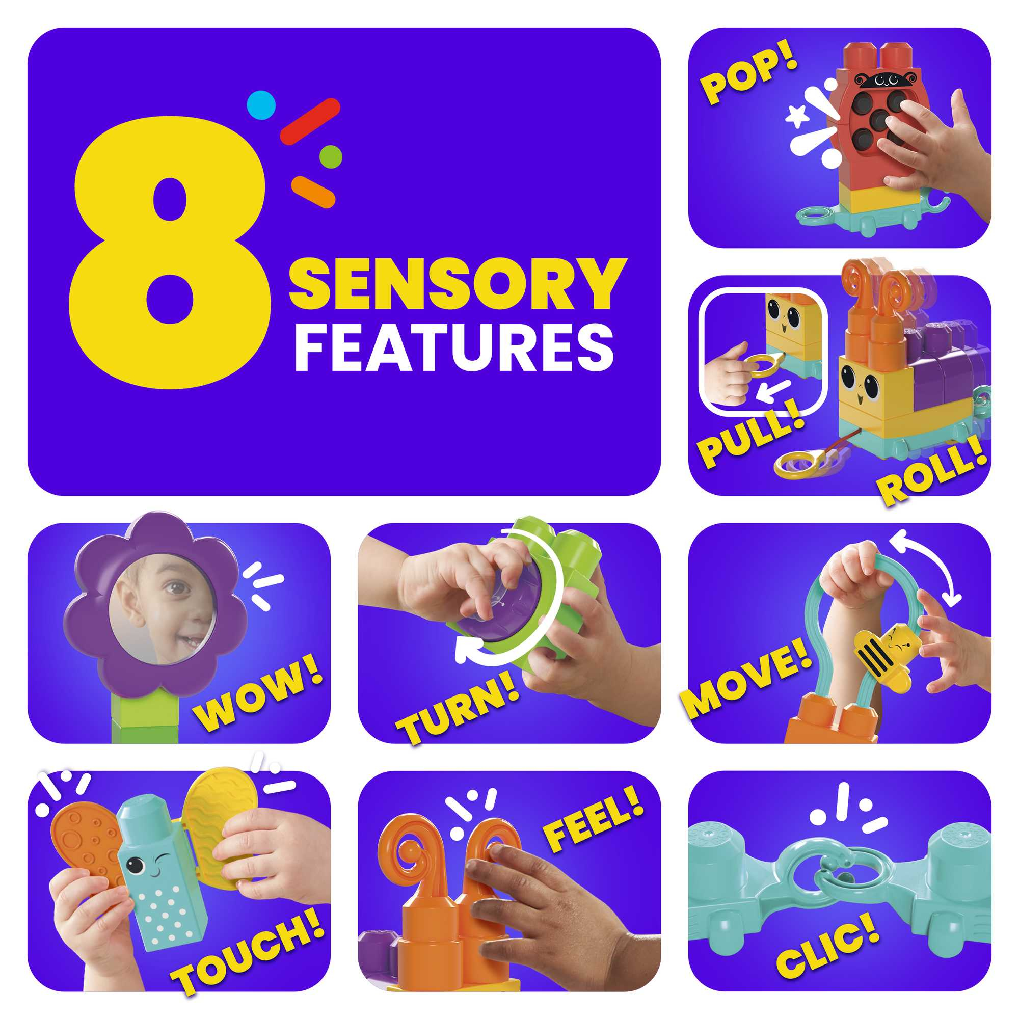 Kolaż z ośmioma zdjęciami przedstawiającymi cechy sensoryczne klocków i dzieci wchodzące z nimi w interakcje.