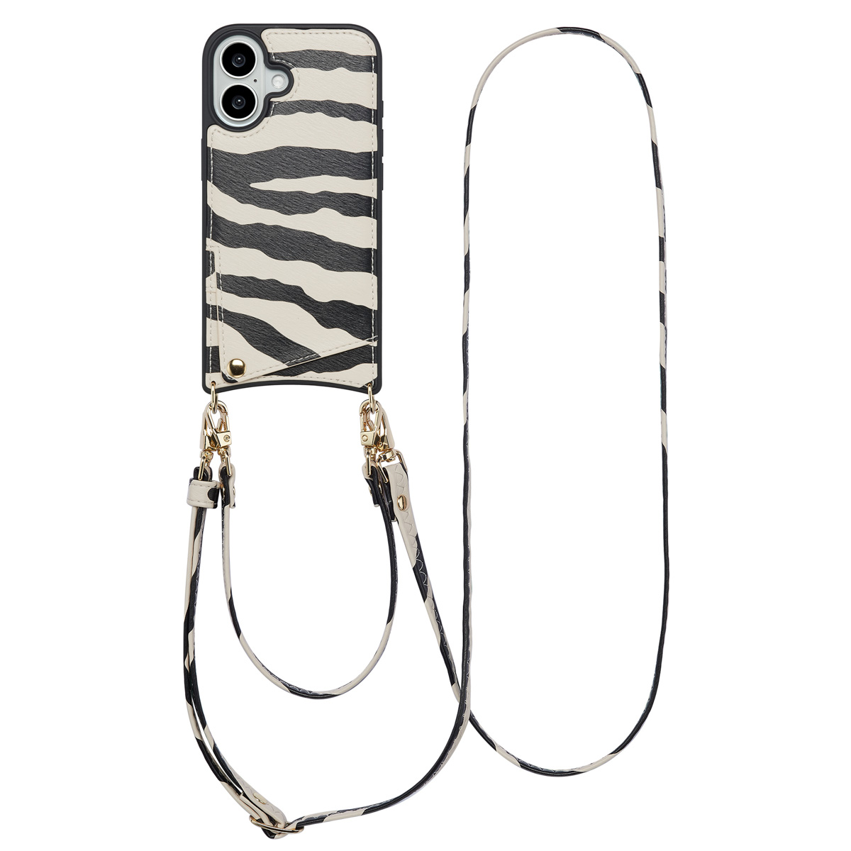 Telefoonhoesje met zebrapatroon, zwart en wit. Het heeft een riem en een zwart frame.