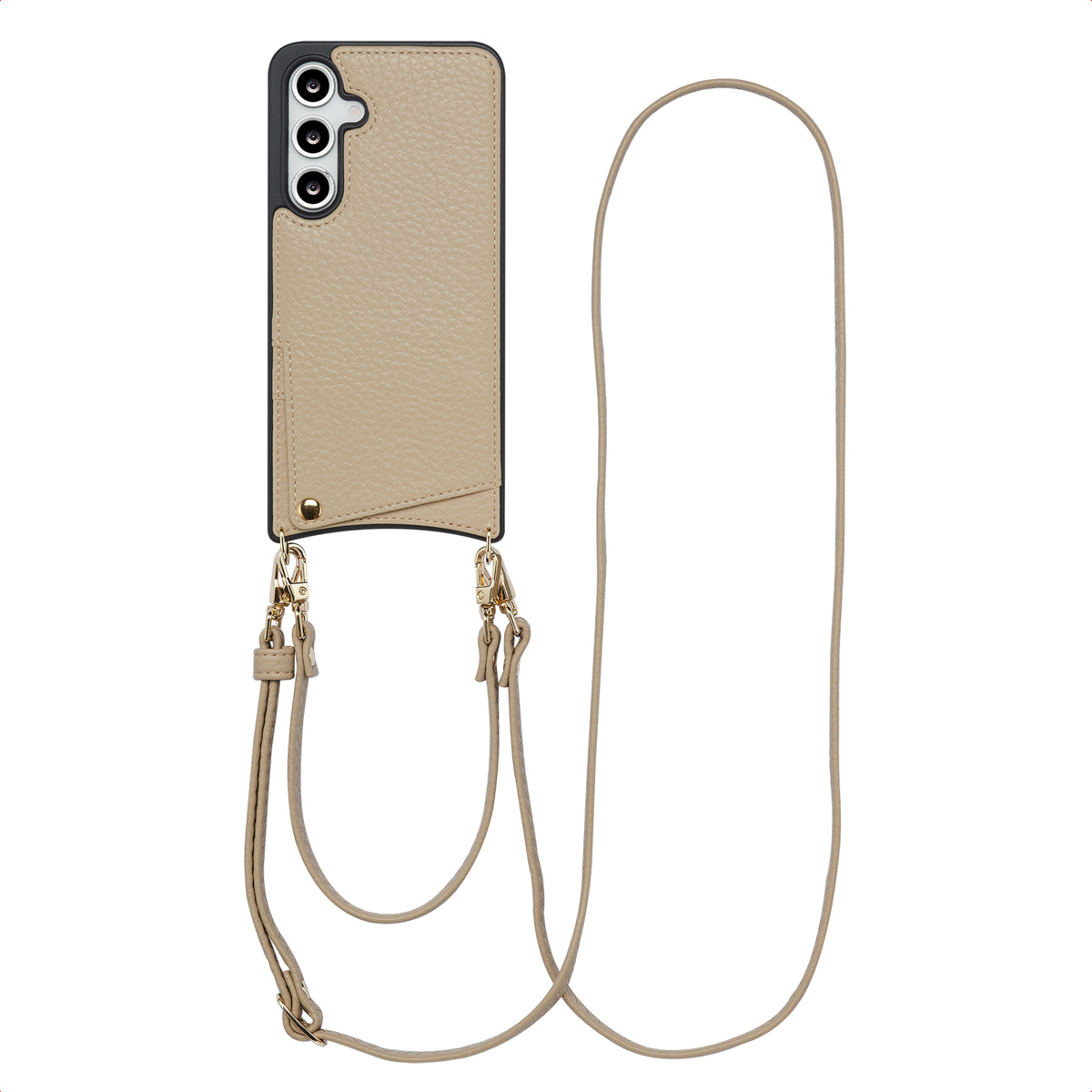 Beige telefoonhoesje met riem en zwart frame. De telefoon heeft een camera en een kaartsleuf.
