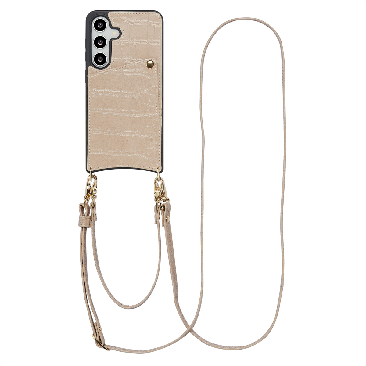 Beige telefoonhoesje met riem en zwart frame. De telefoon heeft een camera en een kaartsleuf.