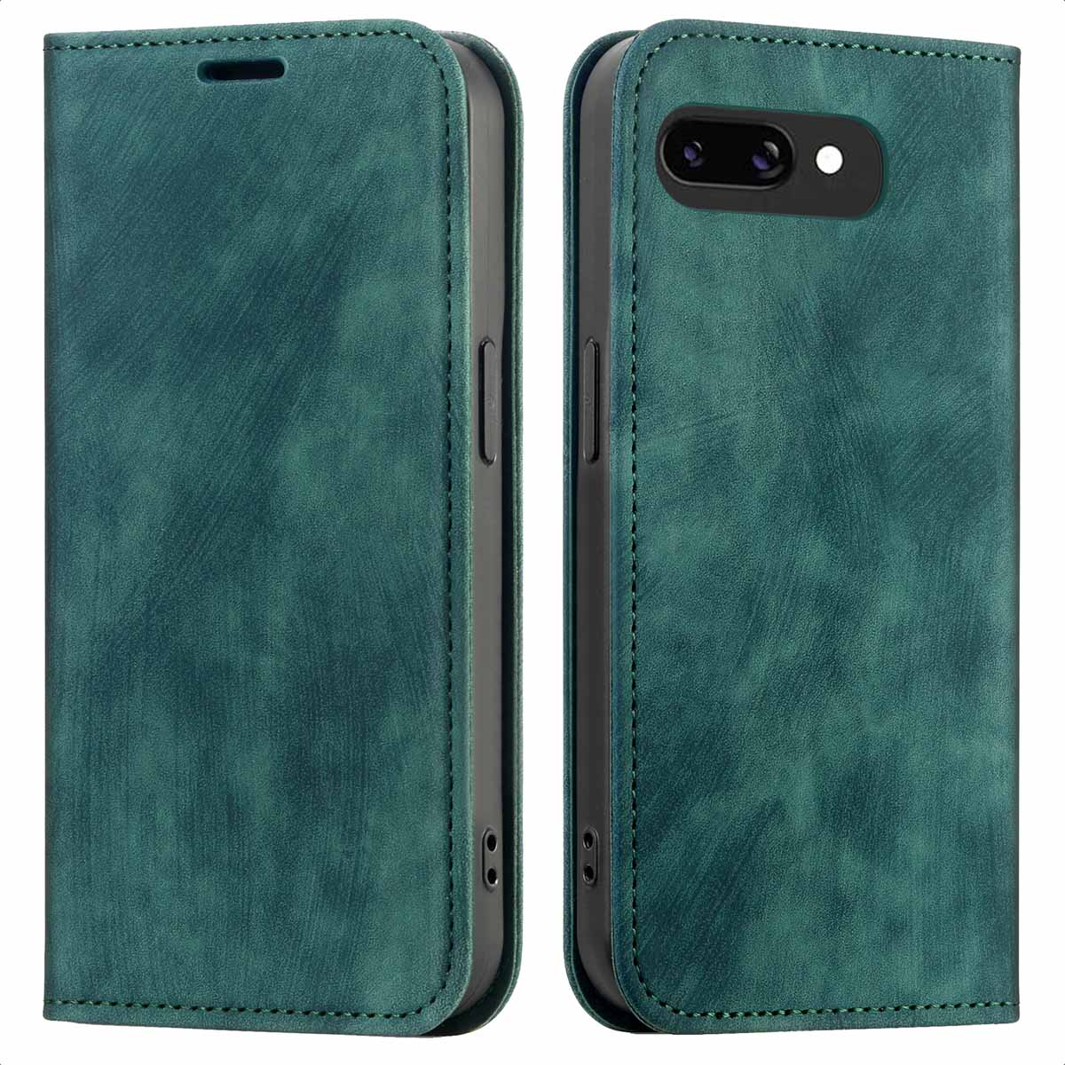 Custodia per telefono in pelle verde. La custodia è chiusa, mostrando la parte anteriore. Ha una superficie strutturata.