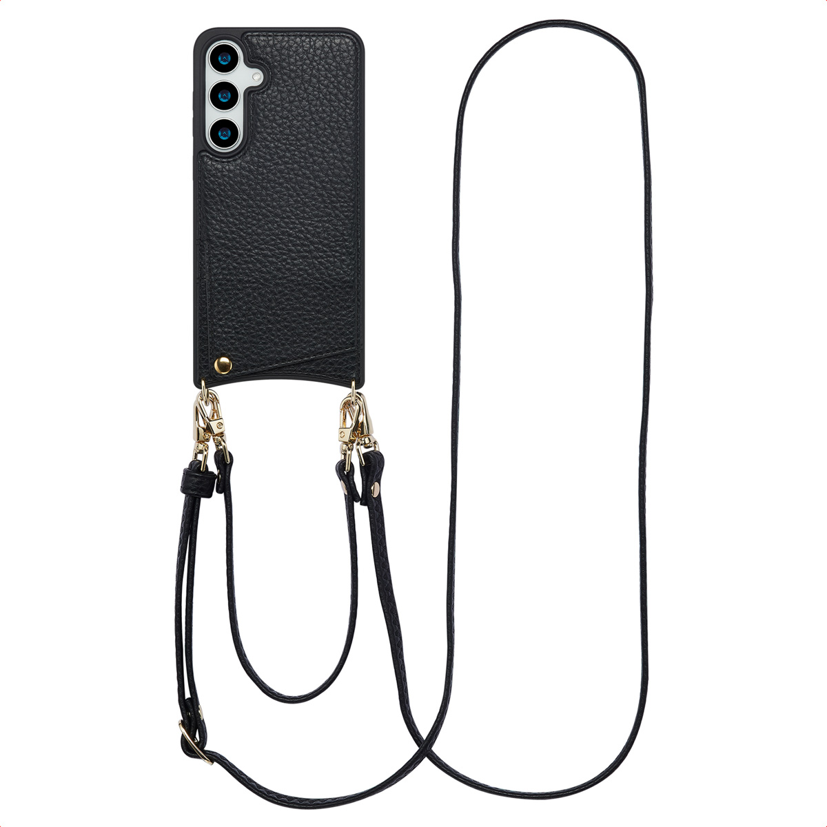 Coque de téléphone noire avec lanière et cadre noir. Le téléphone a une caméra et une fente pour carte.