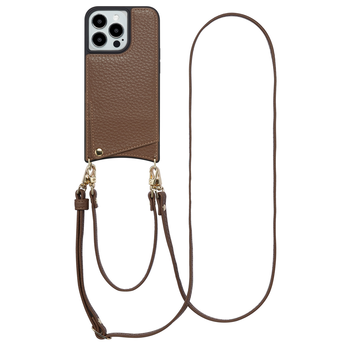 Coque de téléphone marron avec lanière. Le téléphone est à l'intérieur. L'étui a une fente pour carte.