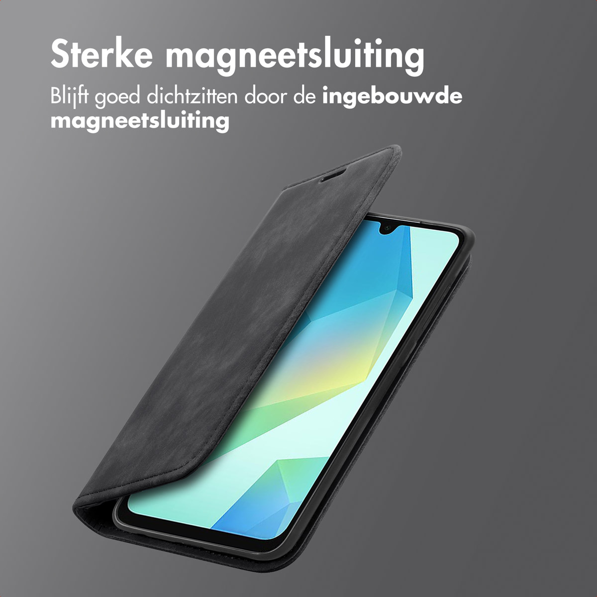 Black phone case, open, with a phone inside. The screen shows a colorful image.