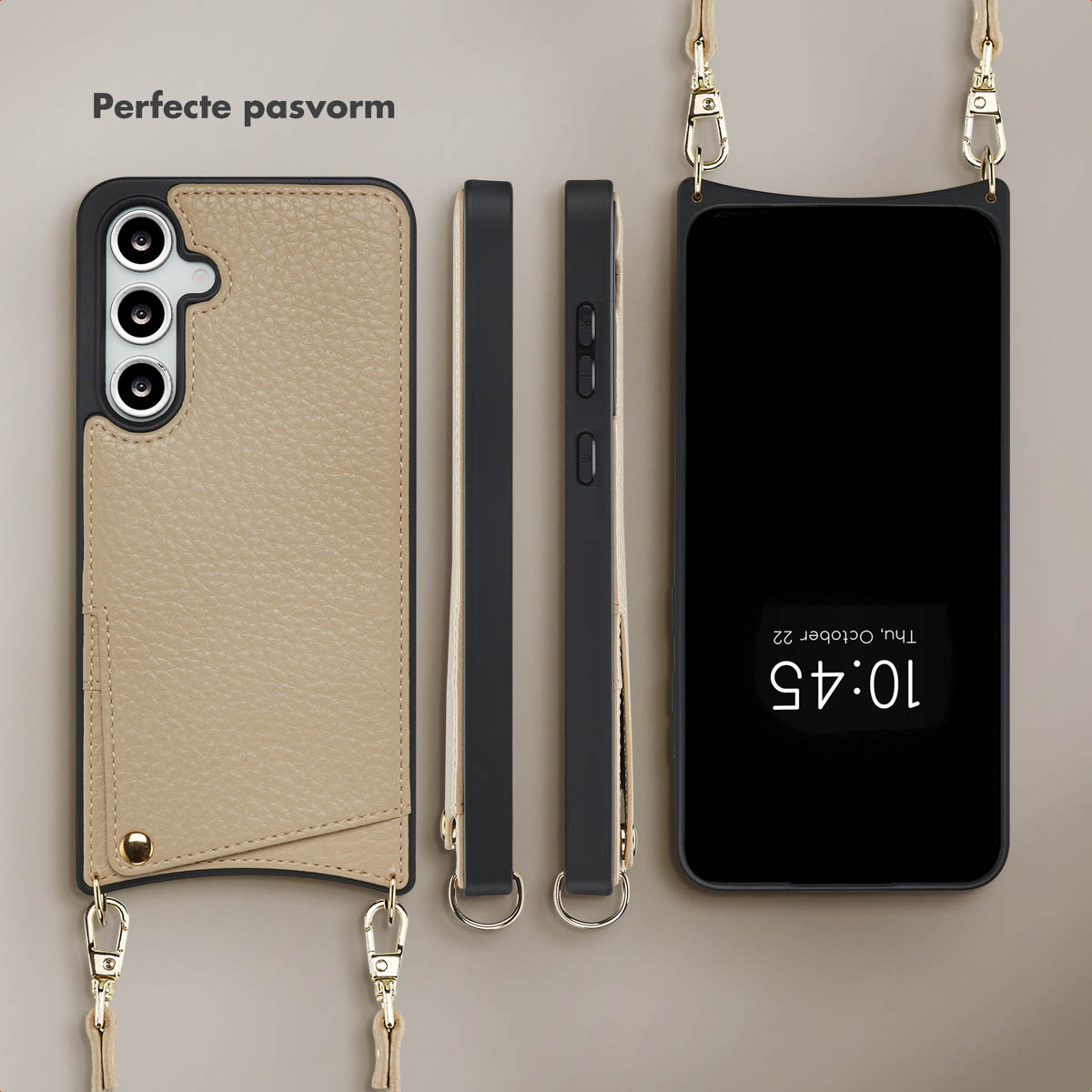 Vier telefoonhoesjes worden getoond: een beige hoes, twee zijaanzichten en een telefoon met hoes.
