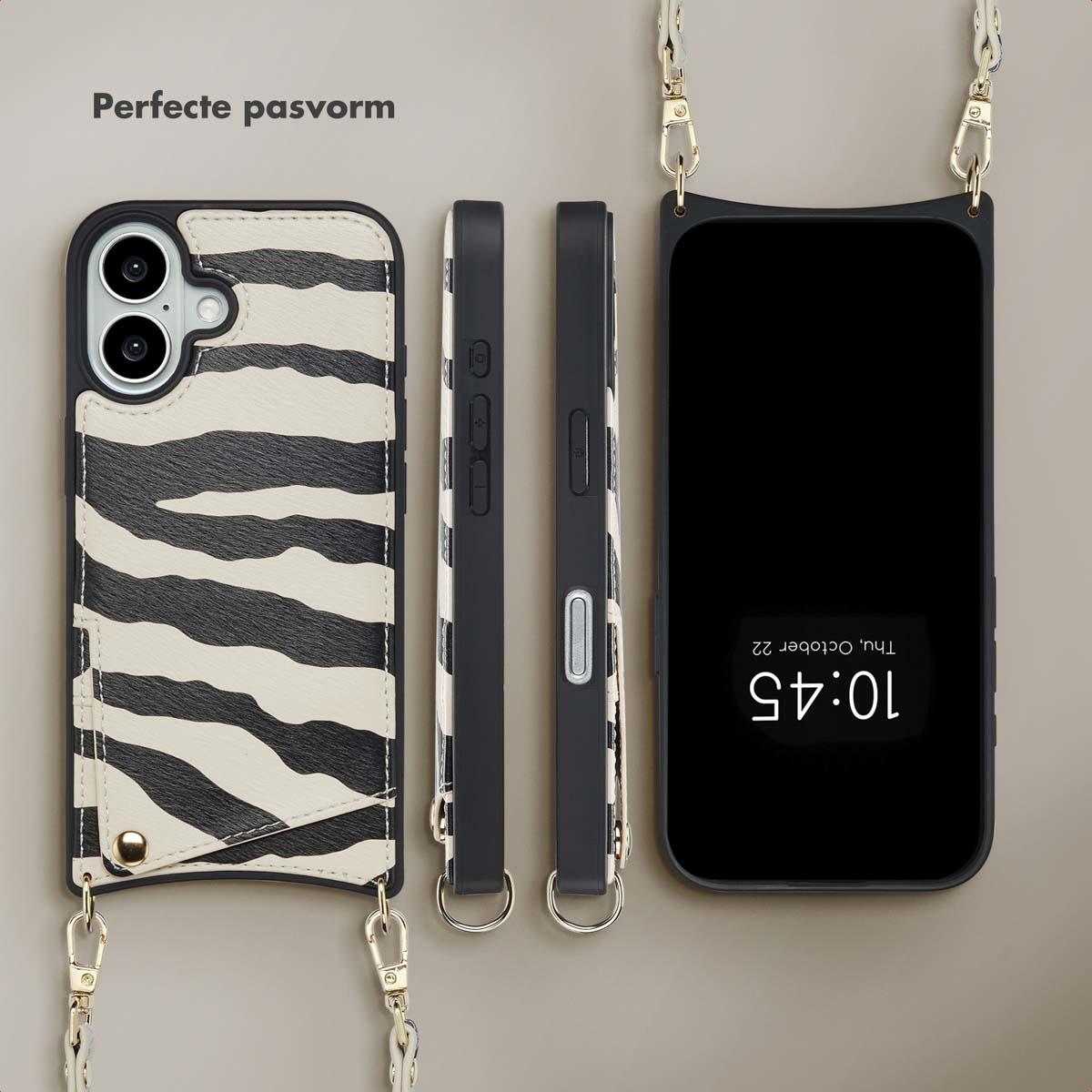 Vier telefoonhoesjes worden getoond: een zebra gestreepte hoes, twee zijaanzichten en een telefoon.
