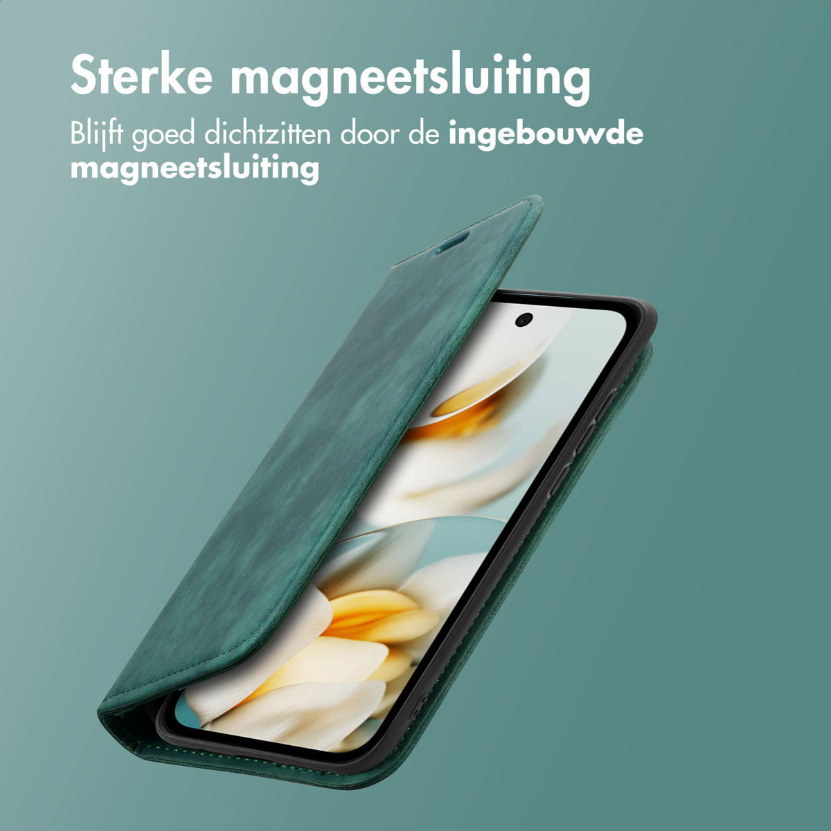 Una custodia per telefono verde è leggermente aperta, rivelando lo schermo.