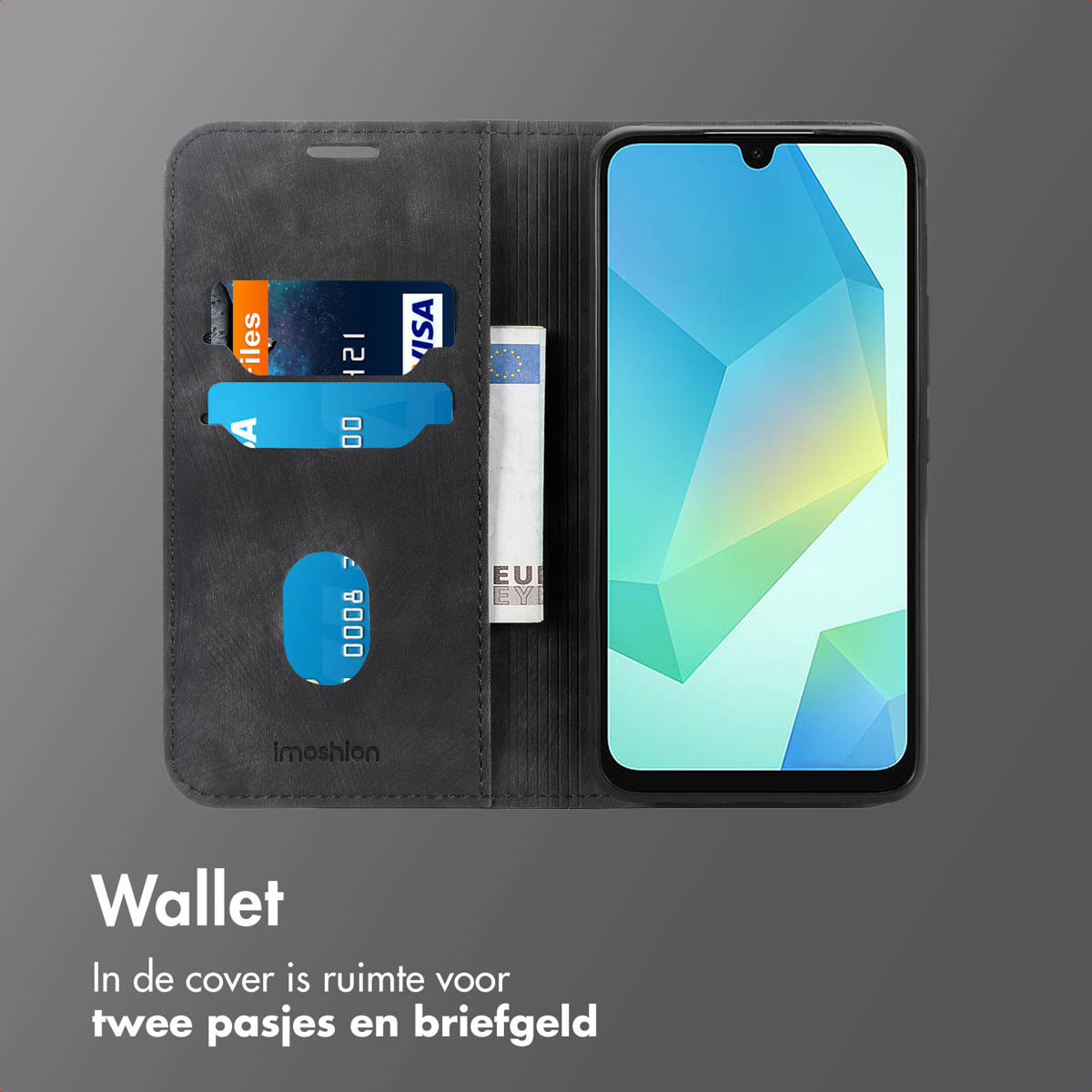 Inside a phone case, credit cards and money are visible. The text says 'Wallet'.