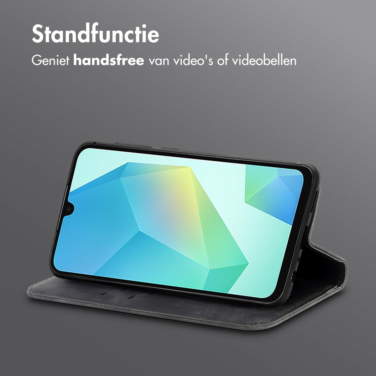 A phone is propped up in a case, showing the screen at an angle. Text at the top says 'Stand Function'.
