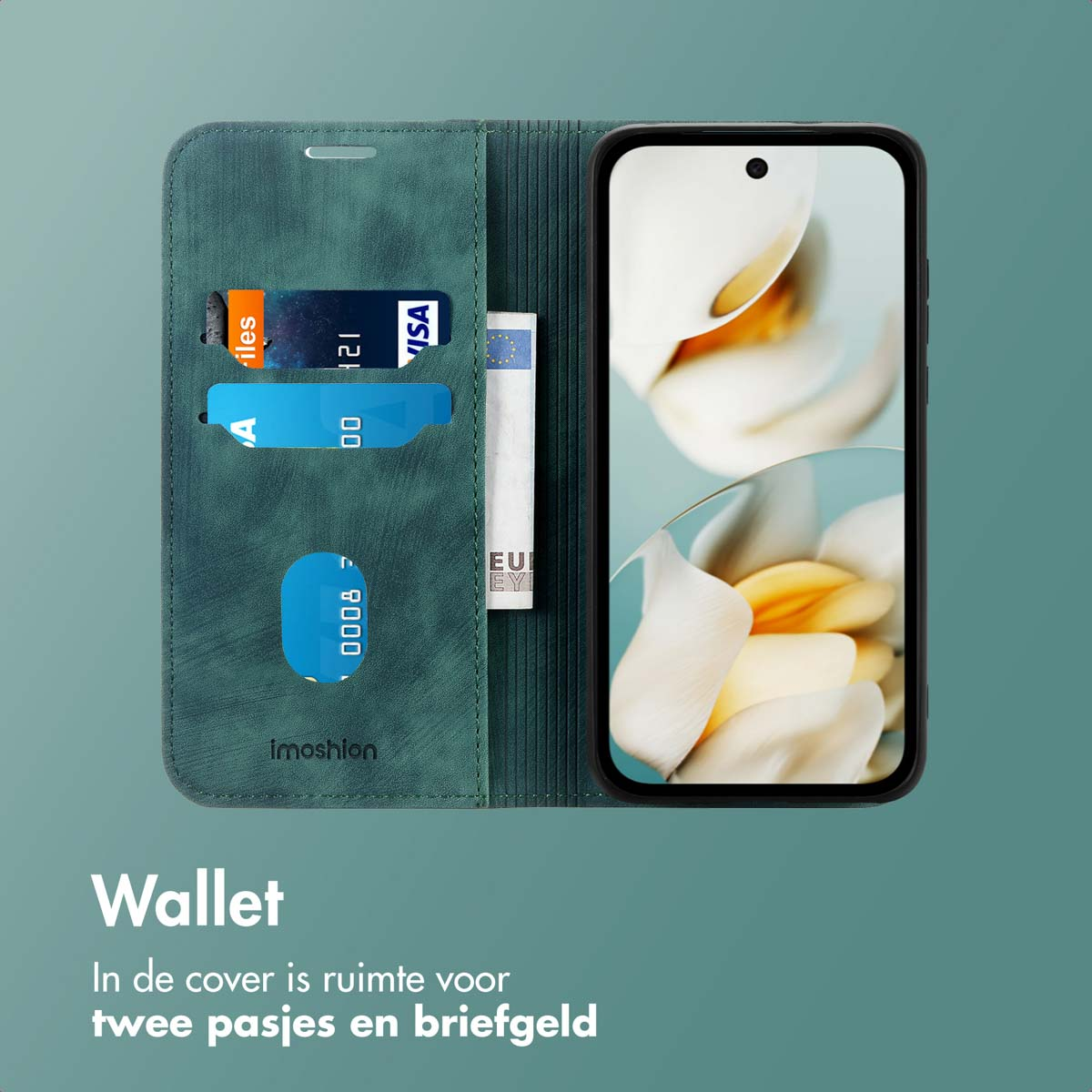 Custodia per telefono verde a portafoglio con carte e denaro all'interno. Un telefono è visibile a destra.