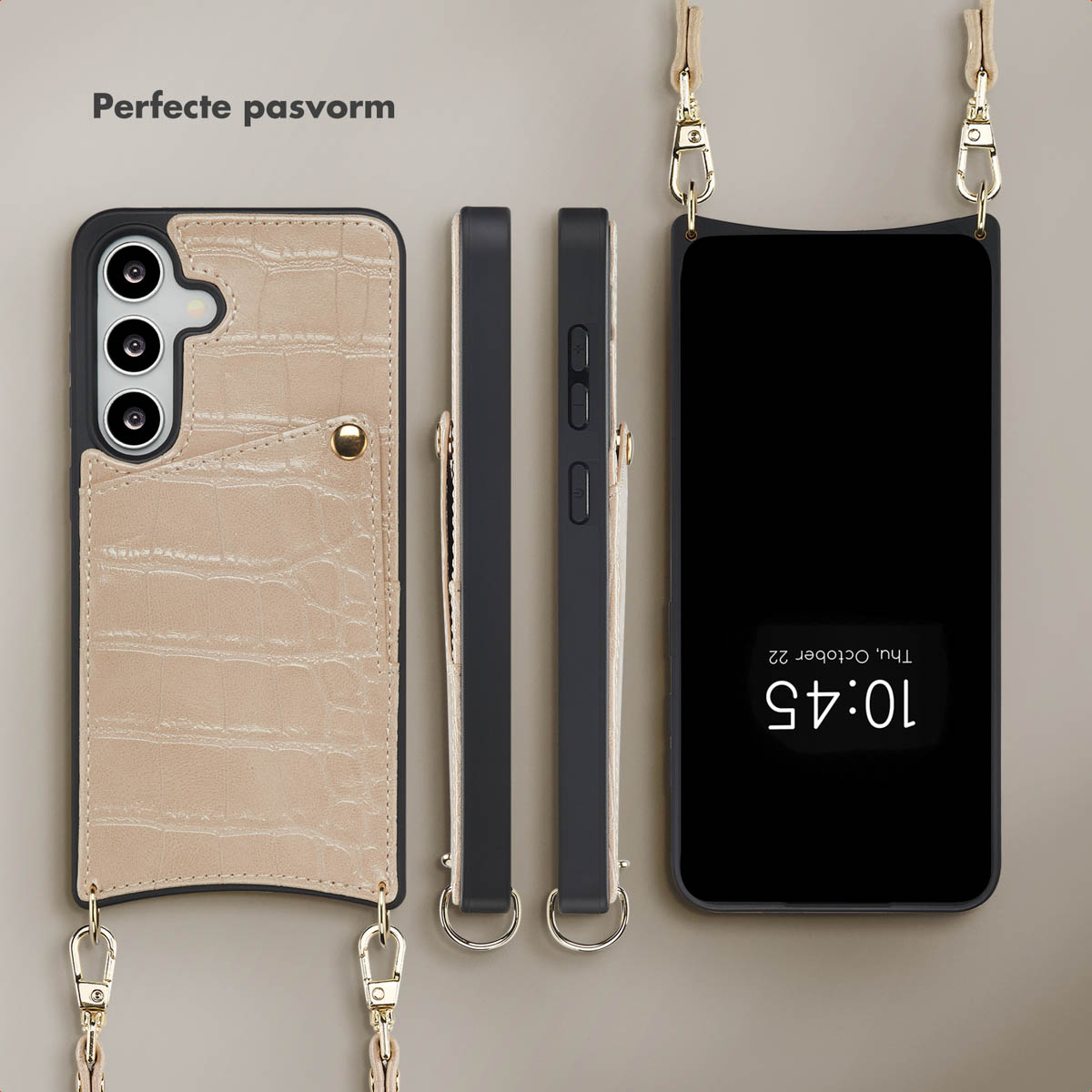 Drie telefoonhoesjes en een telefoon op een standaard. Beige krokodillenpatroon, zwart, allemaal met riempjes.