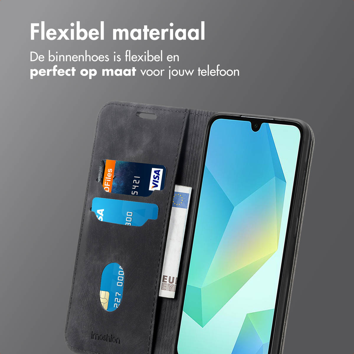 Gray phone case, open, showing cards and money. A phone is on the right, displaying a blue screen.